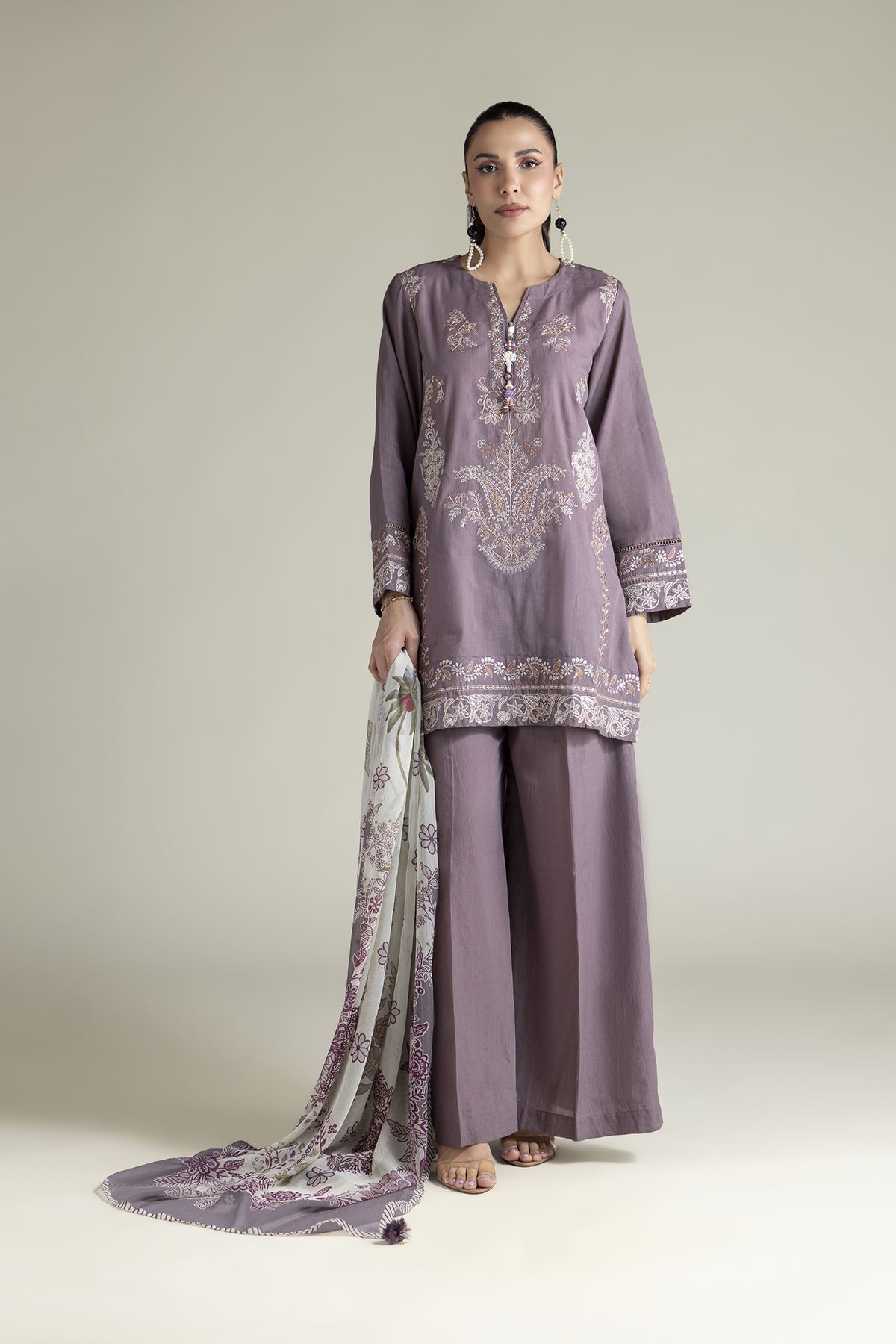 Embroidered Textured Cotton Tailored 3 Piece - T-A22-26-207FE2-VG