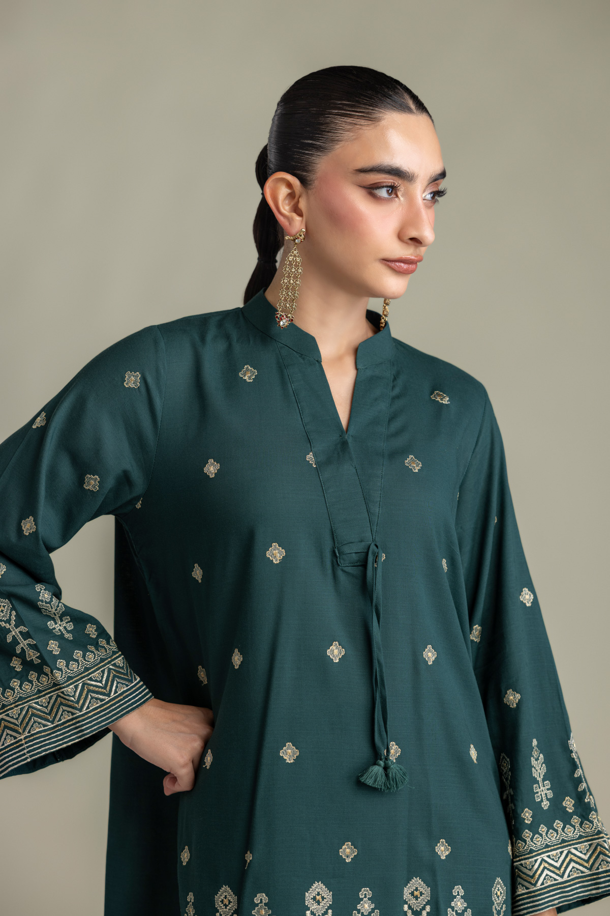 Embroidered Raw Silk Short V-Neck Kurta - 2-26-202-A-D-VG