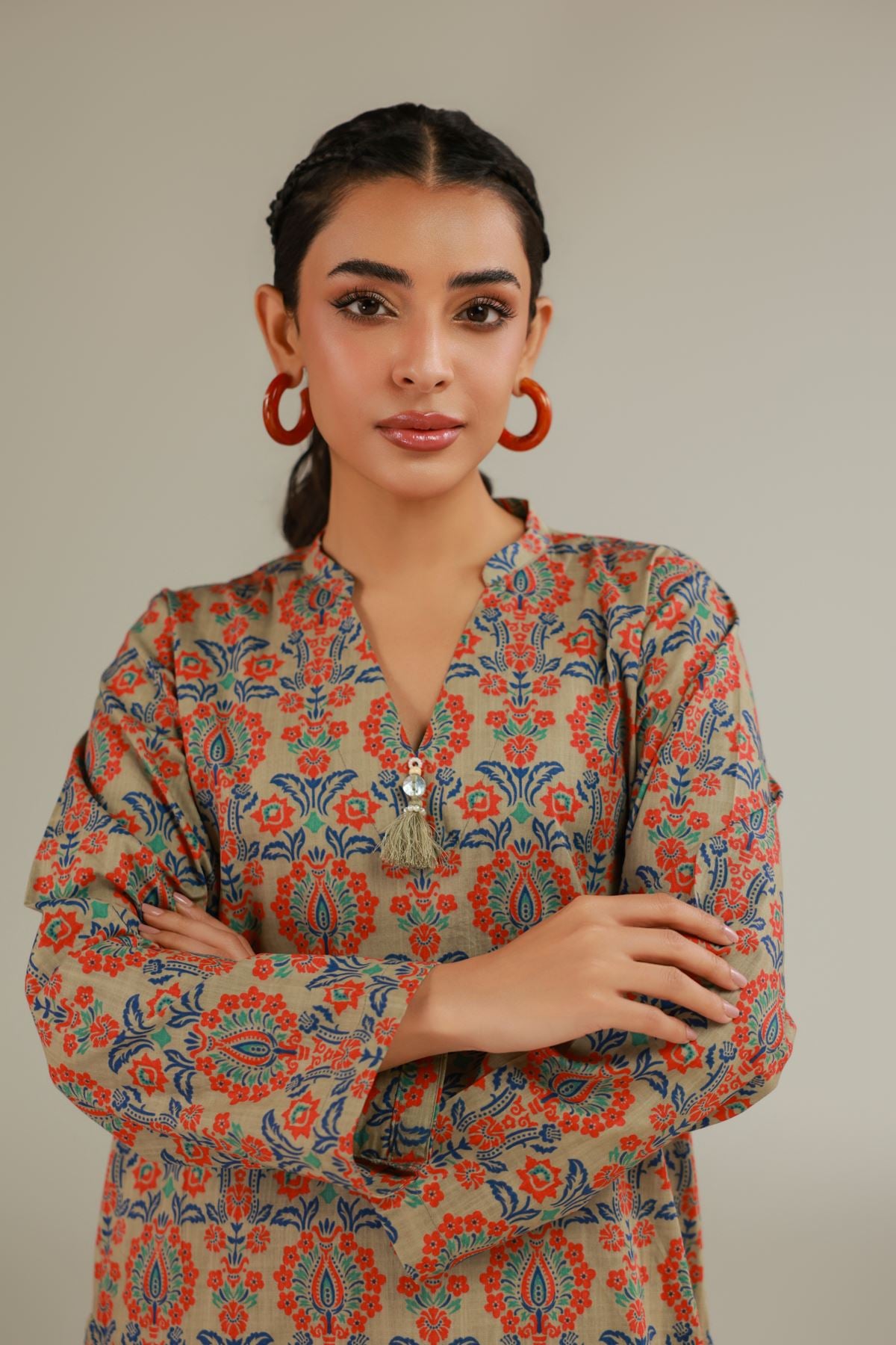 Printed Textured Cotton Mughal Motif Kurta - 1-26-108-A-F-VG