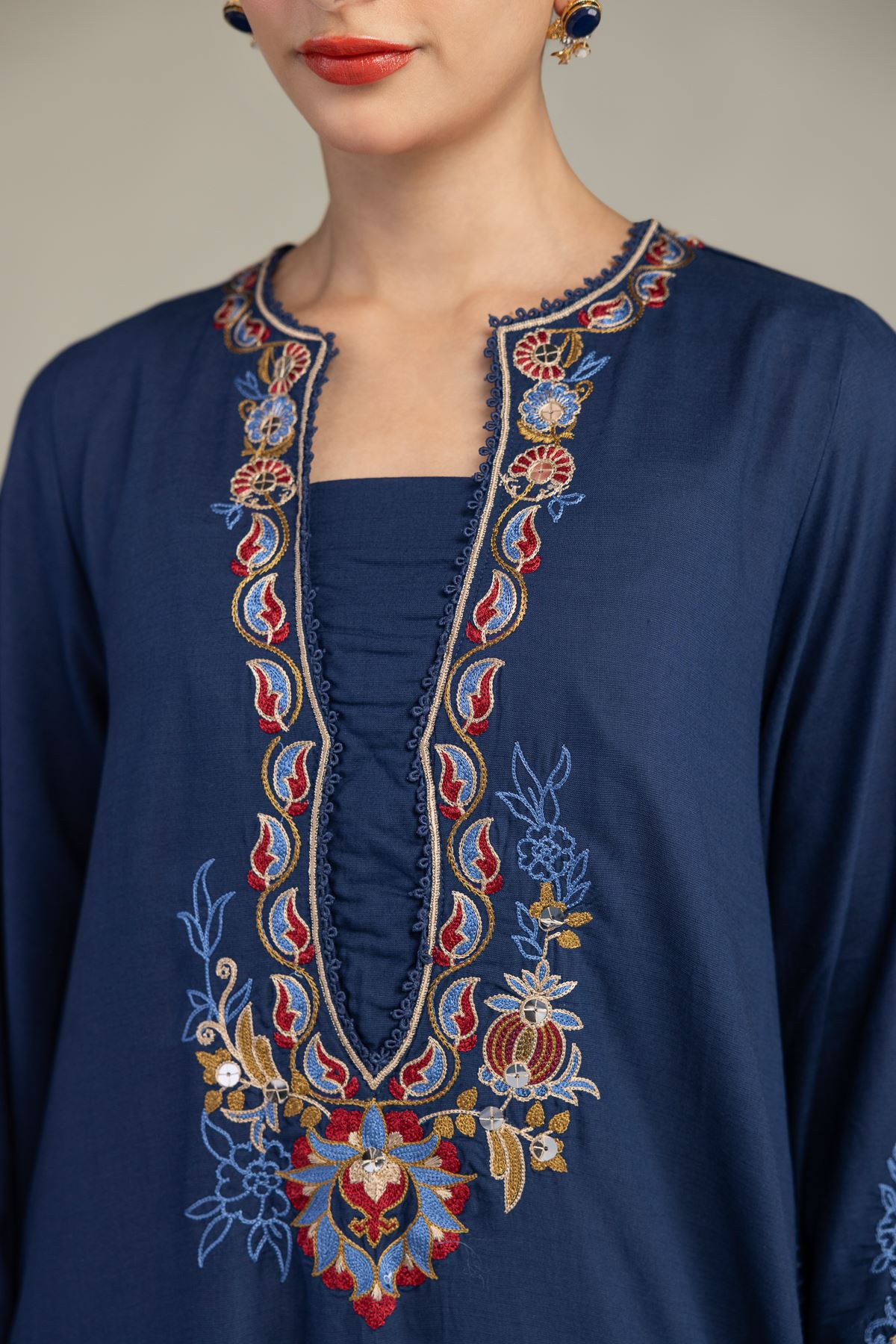 Embroidered Raw Silk Floral Navy Kurta - 1-26-245-A-D2-VG