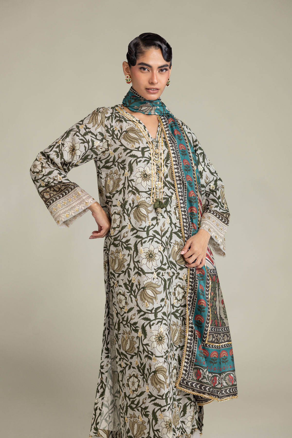 Embroidered Polyester Silk Floral Teal Dupatta - 2-26-308-A-G1-VG