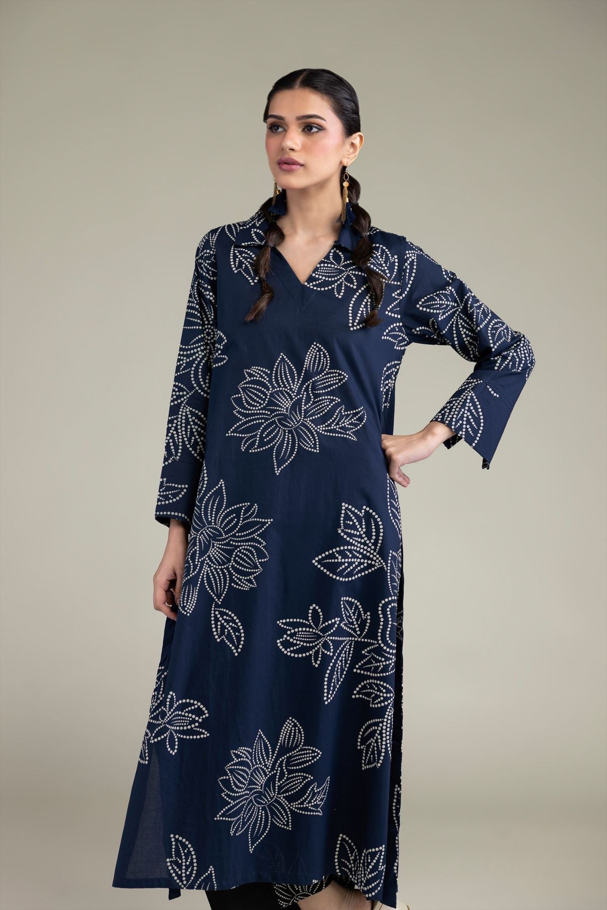 Printed Cambric Navy Longline Kurta - T-A11-26-116FJ2-VG