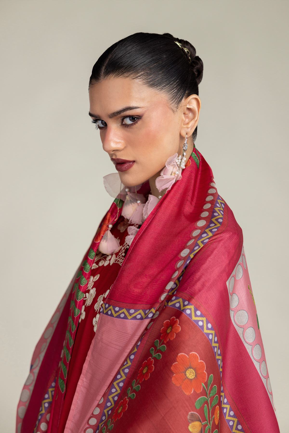 Embroidered Polyester Silk Red Floral Dupatta - 1-26-203-A-A1-VG