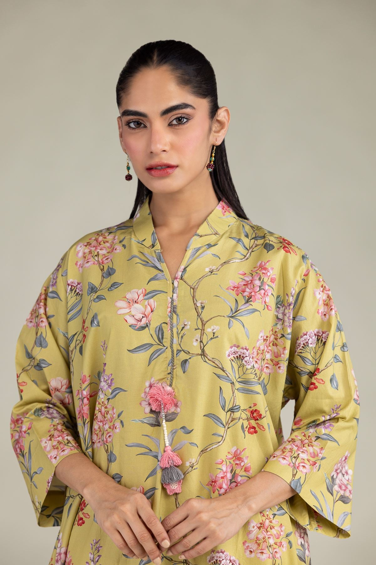 Printed Cotton Viscose Floral V-Neck Kurta - 2-26-304-B-D1-VG