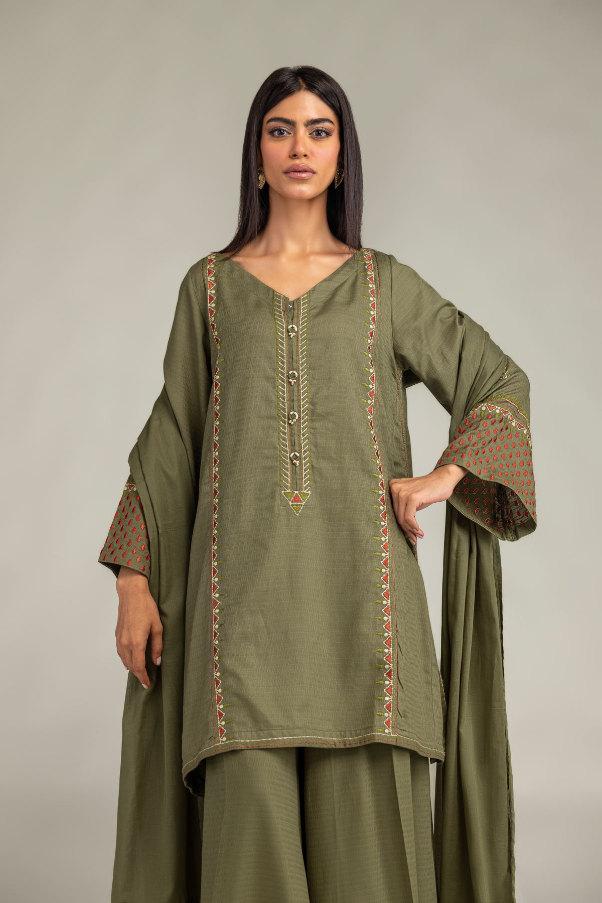 Embroidered Lawn Olive Lawn Dupatta - 2-26-308-A-G1-VG
