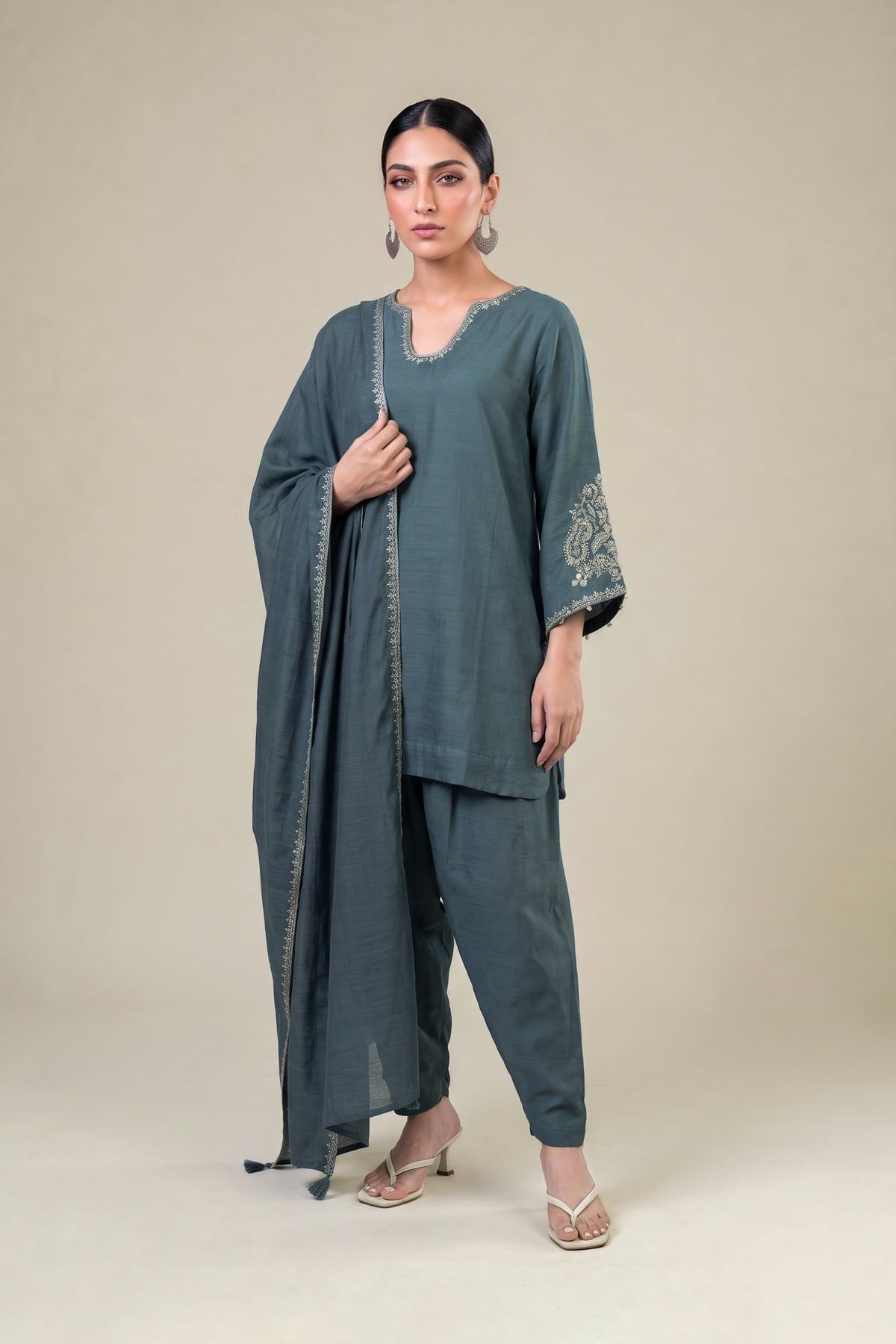 Embroidered Light Khaddar Blue Solid Dupatta - 1-26-325-A-B1-VG