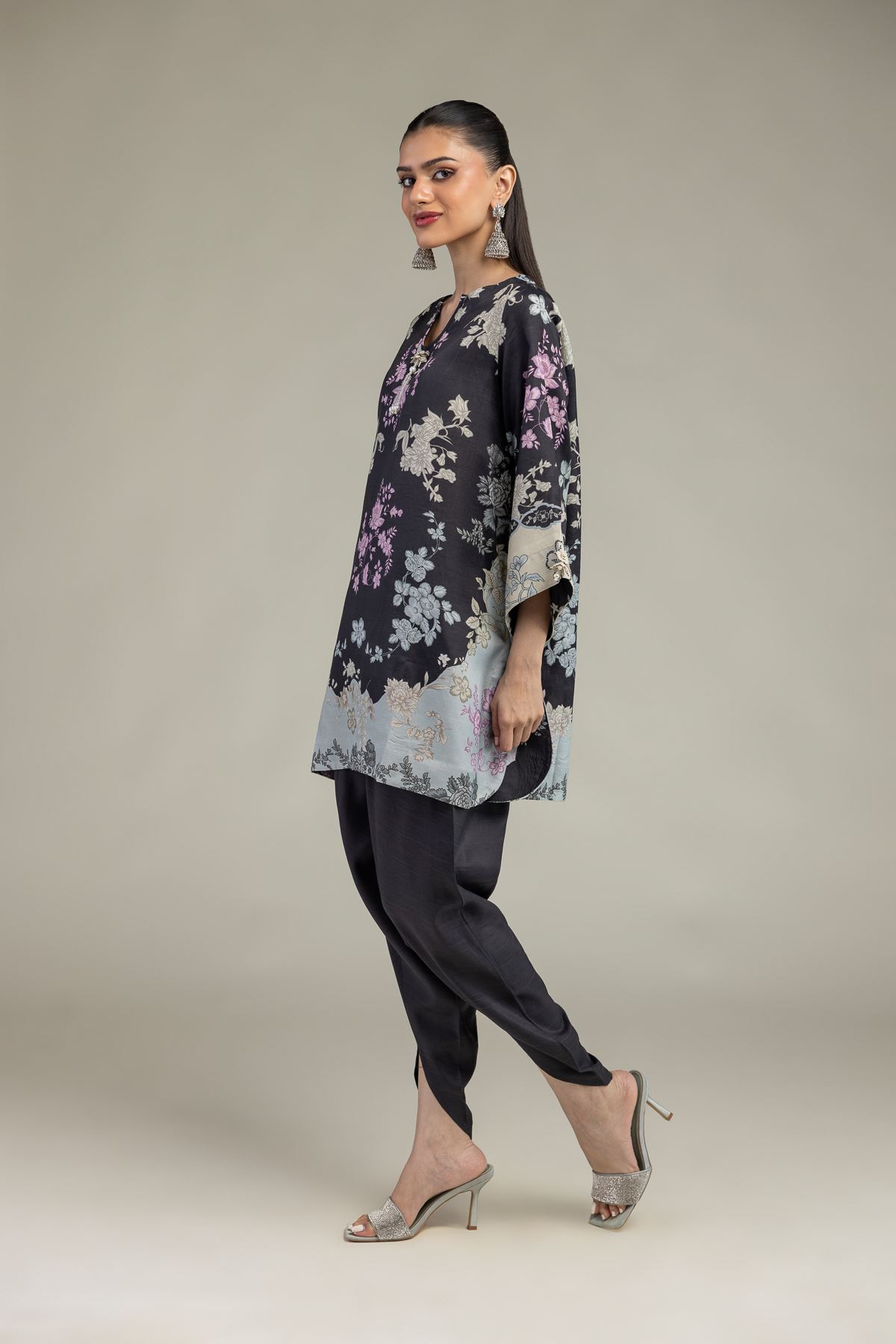 Embroidered Raw Silk Short Black Kurta - 1-26-225-A-C1-VG