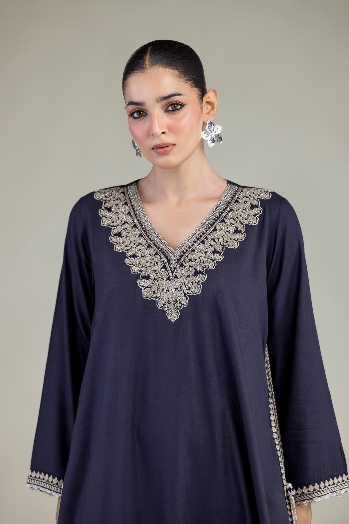 Embroidered Raw Silk Navy V-Neck Kurta - 2-26-203-A-B1-VG