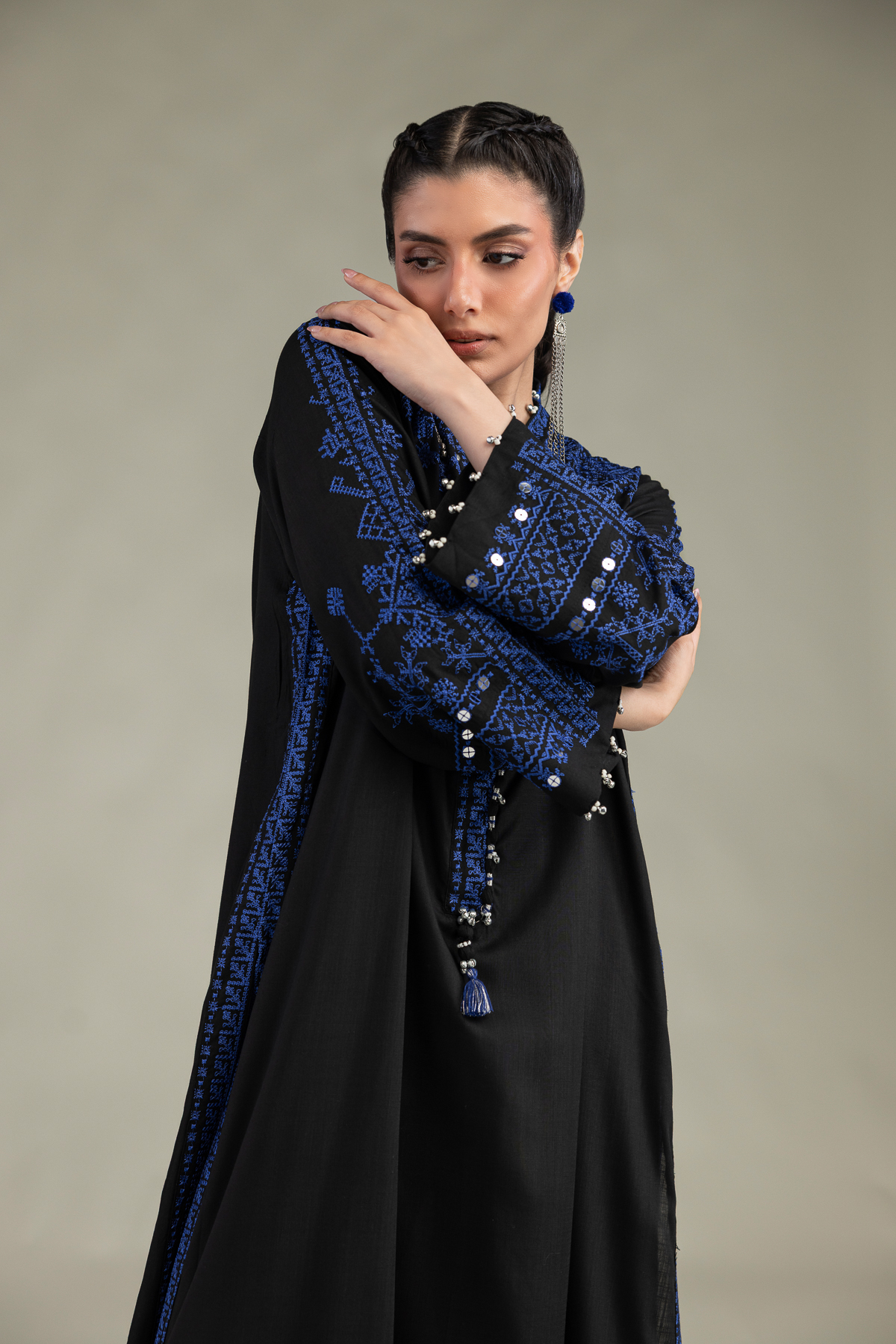 Embroidered Raw Silk V-Neck Longline Kurta - 1-26-322-B-A1-VG