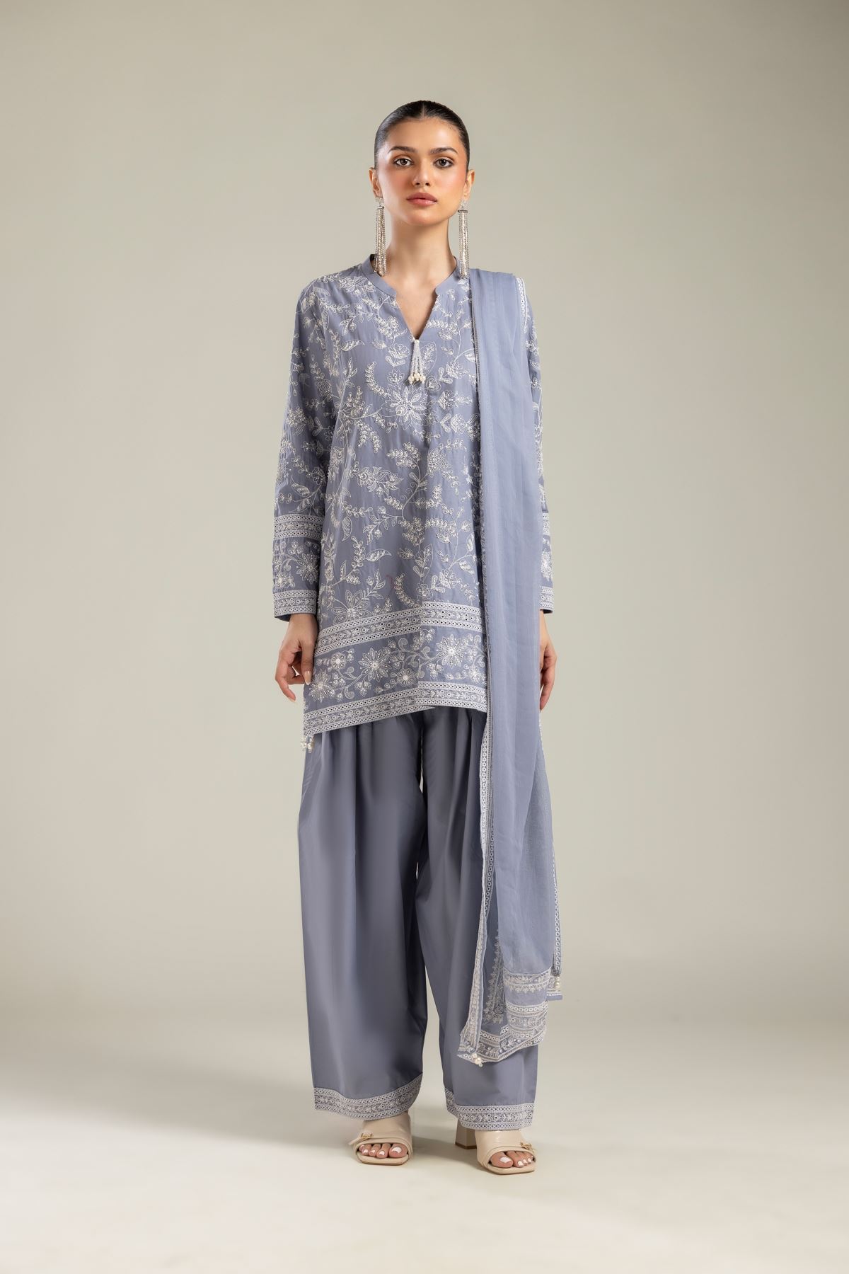 Embroidered Raw Silk 3 Piece Co-ord Set - 25-09-11E3-11TB-VG