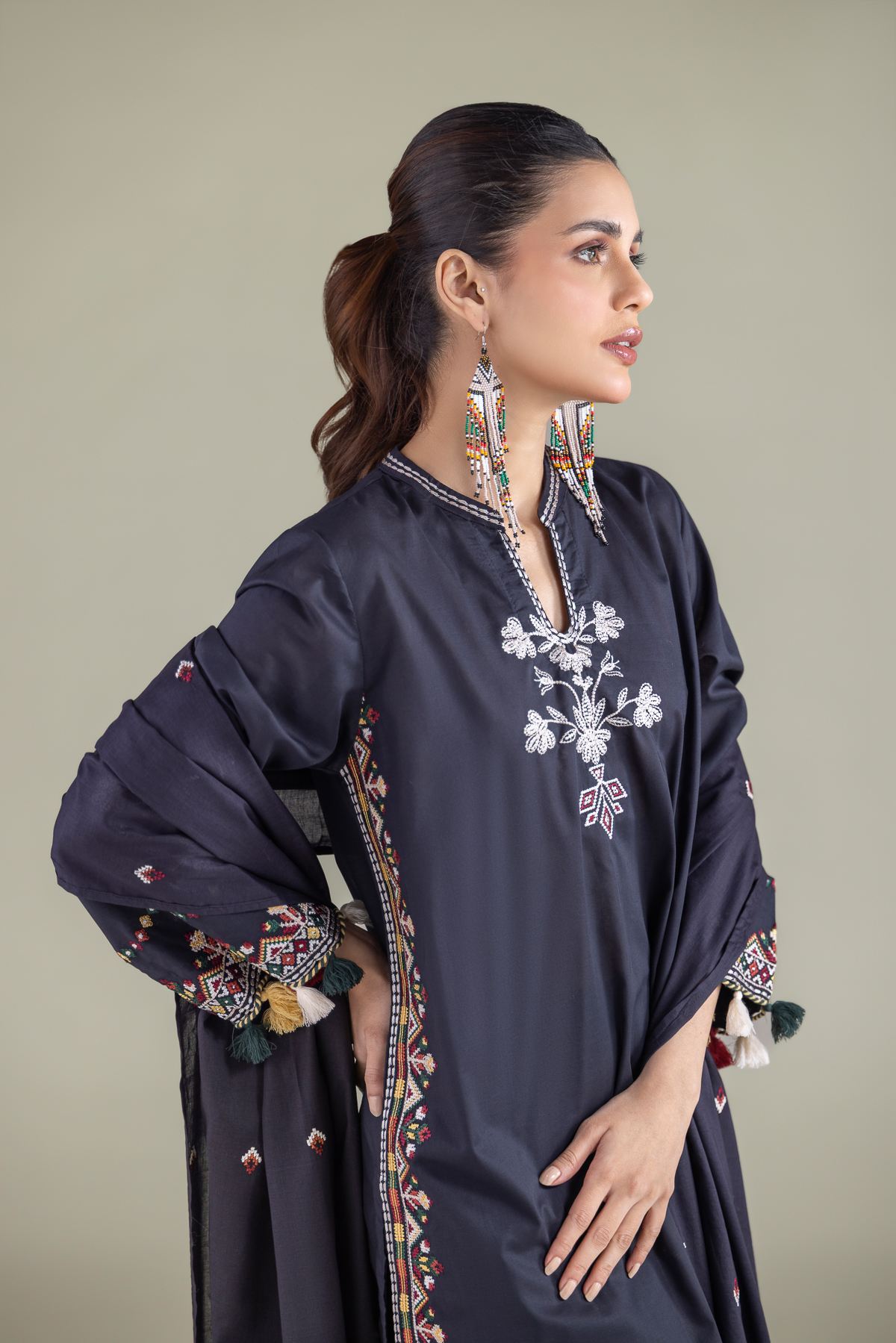 Embroidered Lawn Draped Geometric Dupatta - 1-26-127-A-E-VG