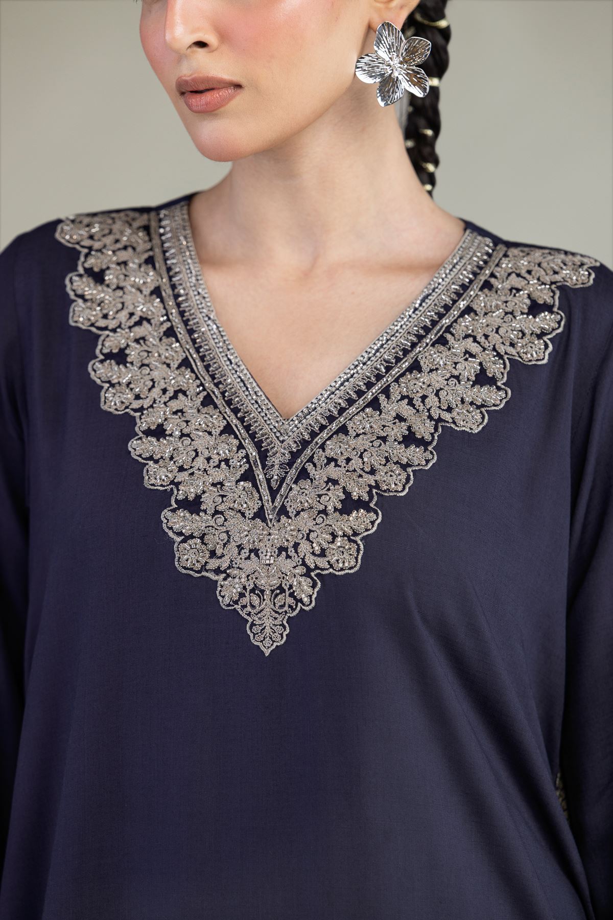 Embroidered Raw Silk Navy V-Neck Kurta - 2-26-203-A-B1-VG