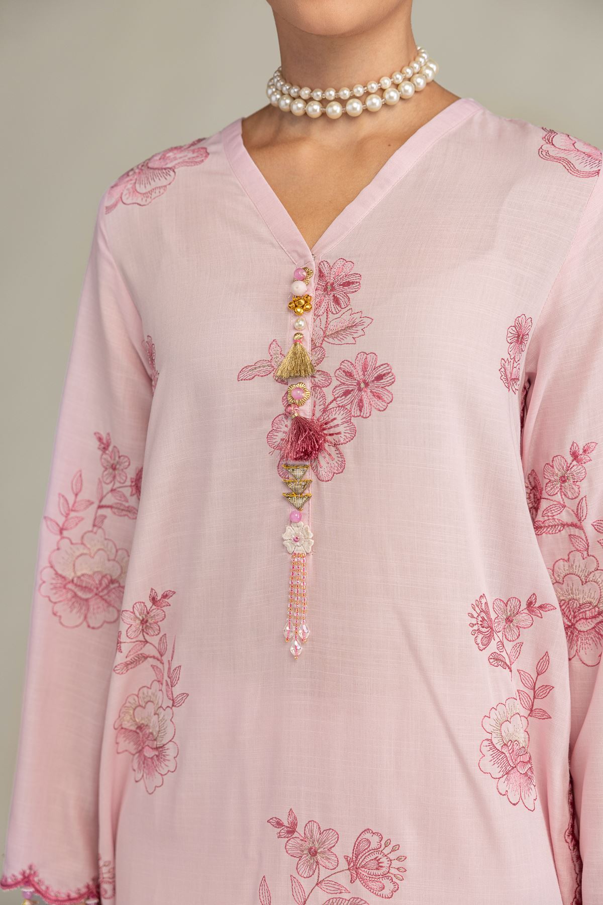Embroidered Raw Silk Pink Longline Kurta - 1-26-322-B-A1-VG