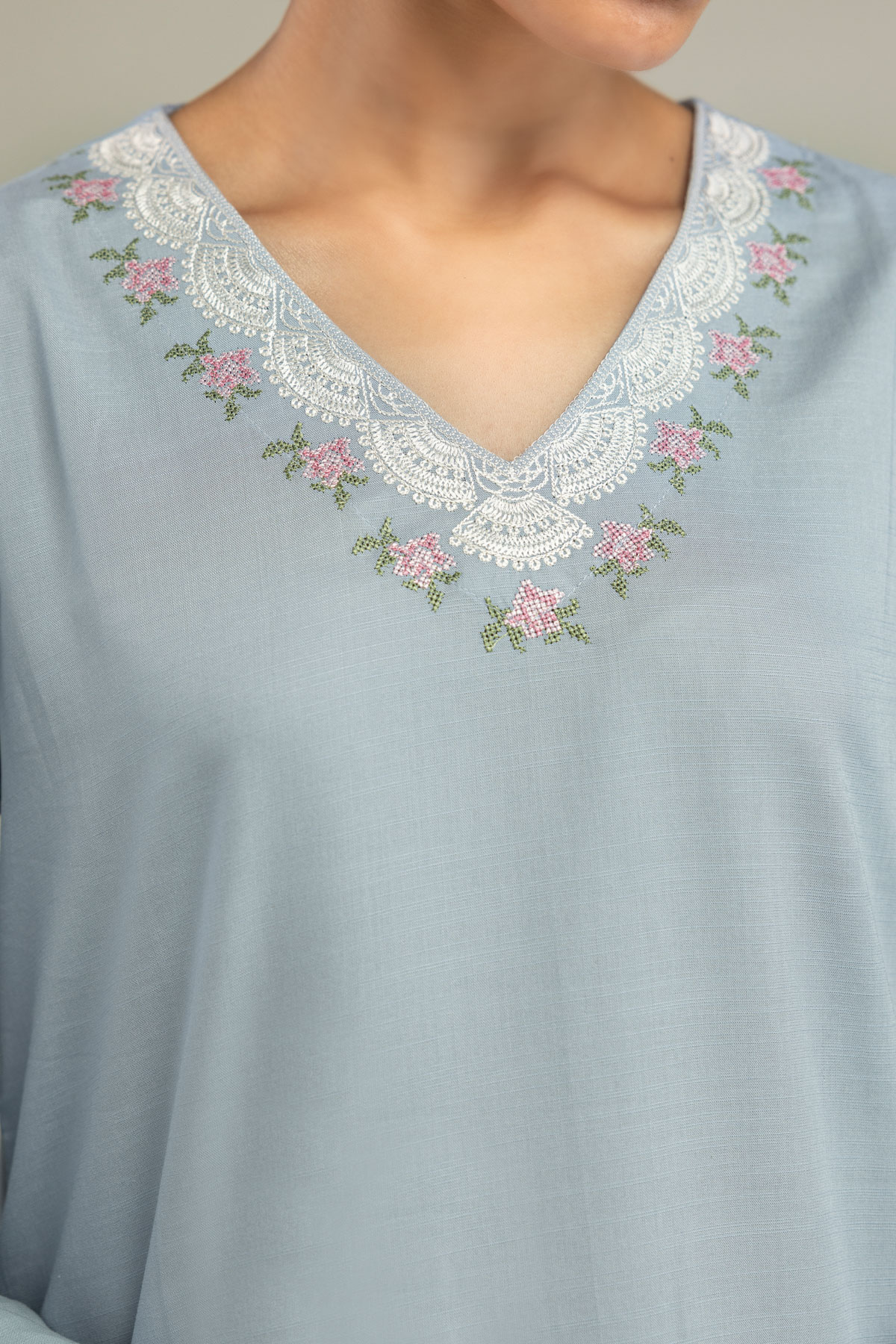 Embroidered Raw Silk Blue Floral Kurta - 1-26-102-A-F-VG
