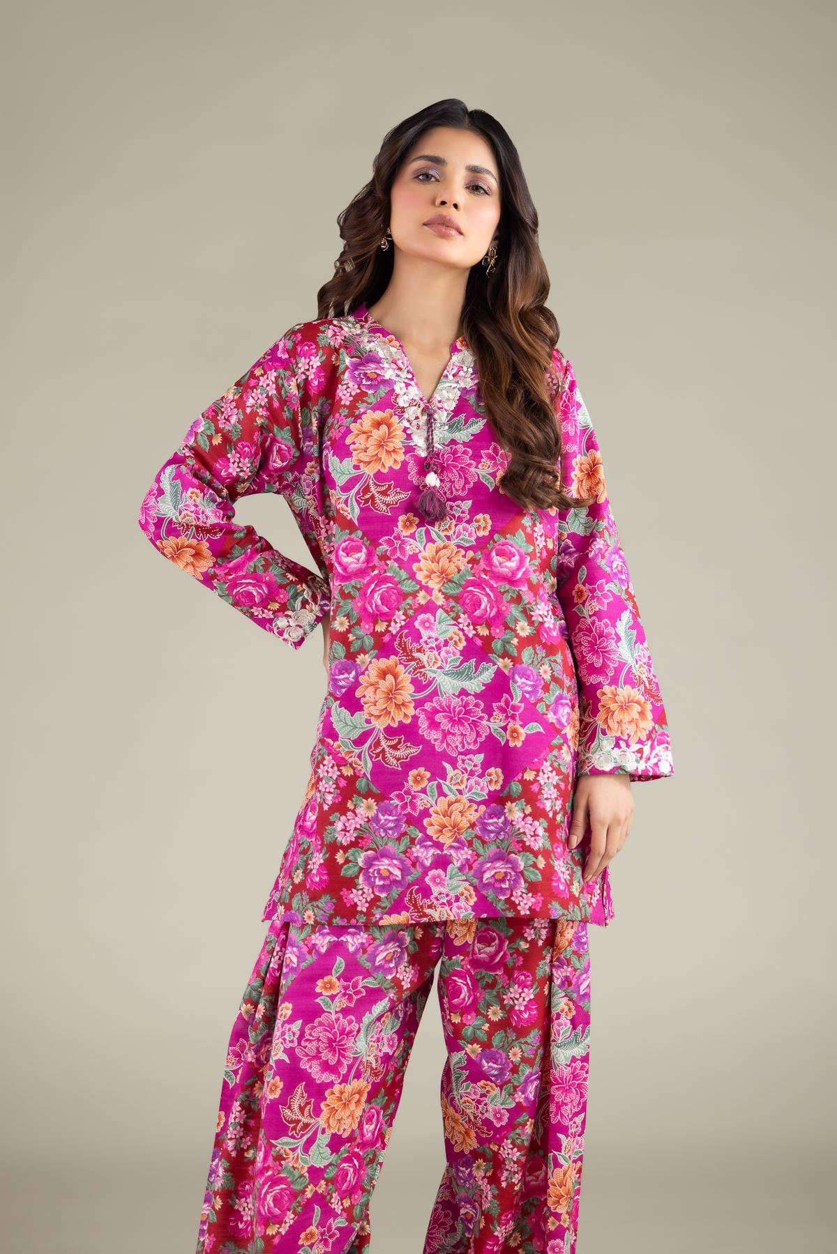 Embroidered Textured Cotton Floral Tassel Kurta - 1-26-101-A-D-VG