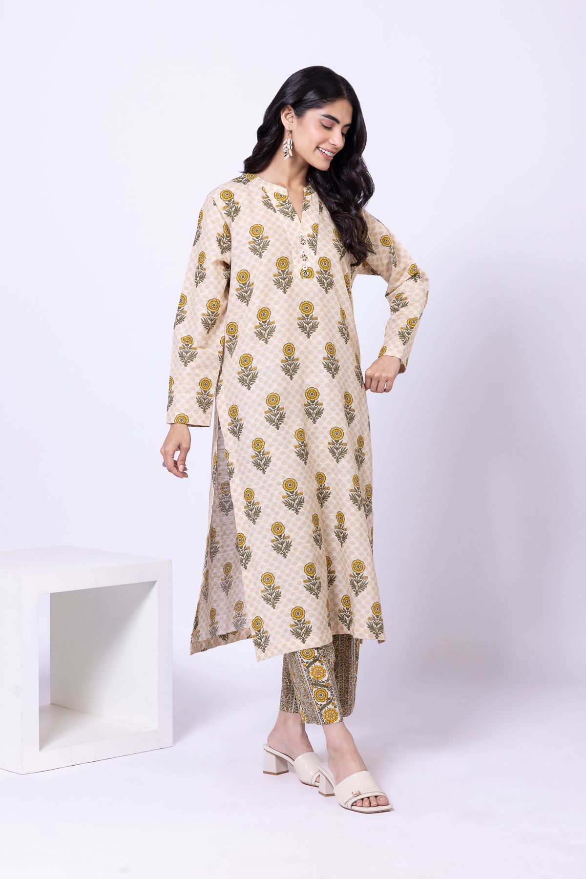 Printed Textured Cotton Kurta - 25-09-11E7-01TA-VG