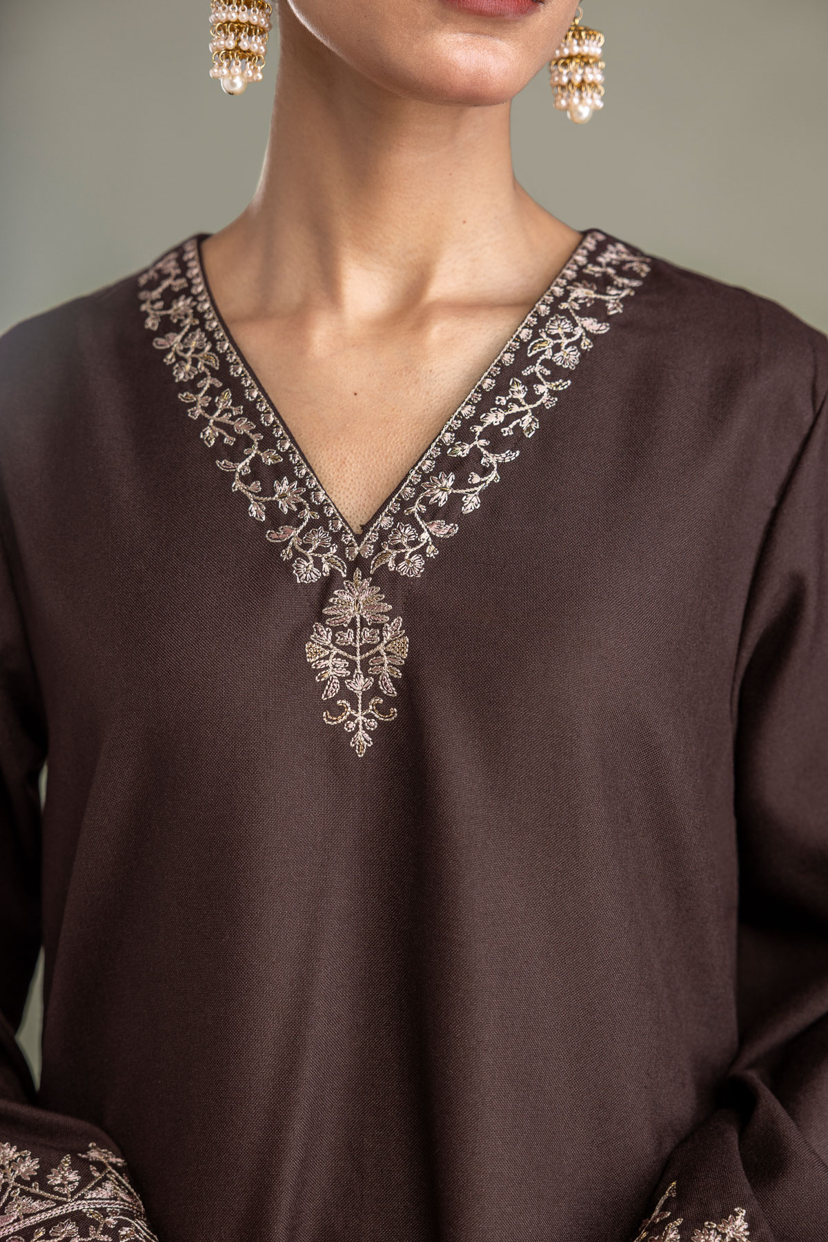 Embroidered Heavy Blended Viscose Brown V-neck Kurta - 1-26-431-A-D1-VG