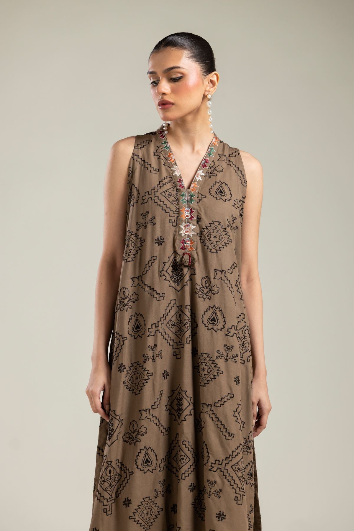 Embroidered Raw Silk Brown Sleeveless Kurta - 2-26-202-A-G-VG