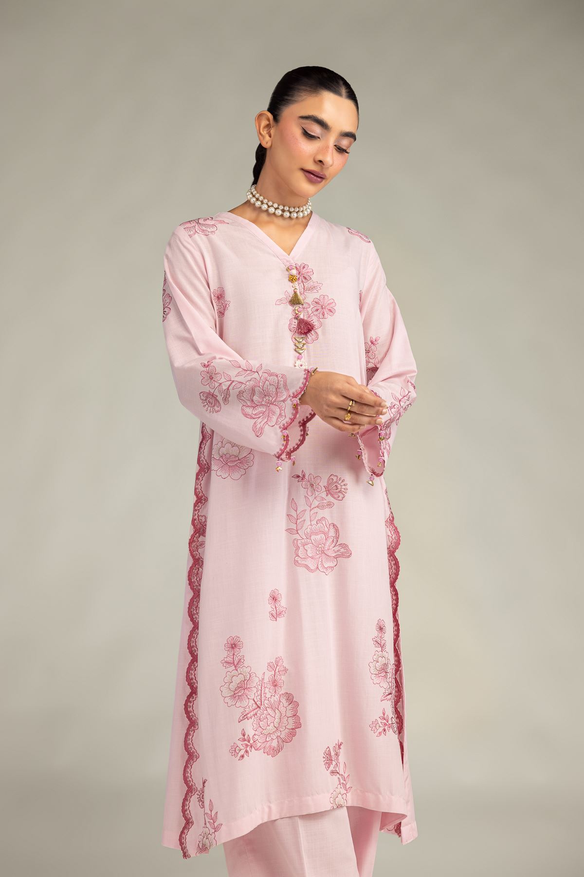 Embroidered Raw Silk Pink Longline Kurta - 1-26-322-B-A1-VG