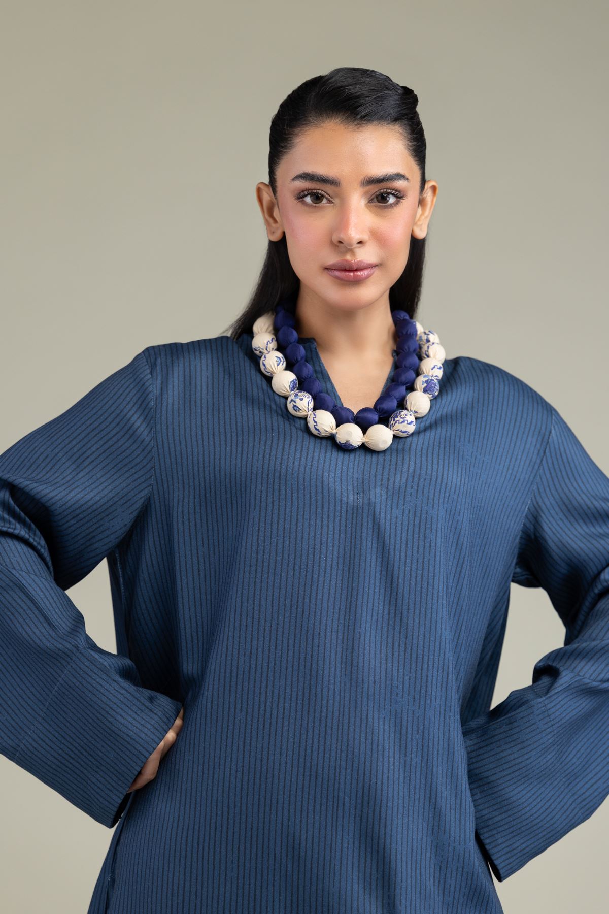 Printed Viscose Crepe V-Neck Navy Shirt - 6-26-206-A-I2-VG