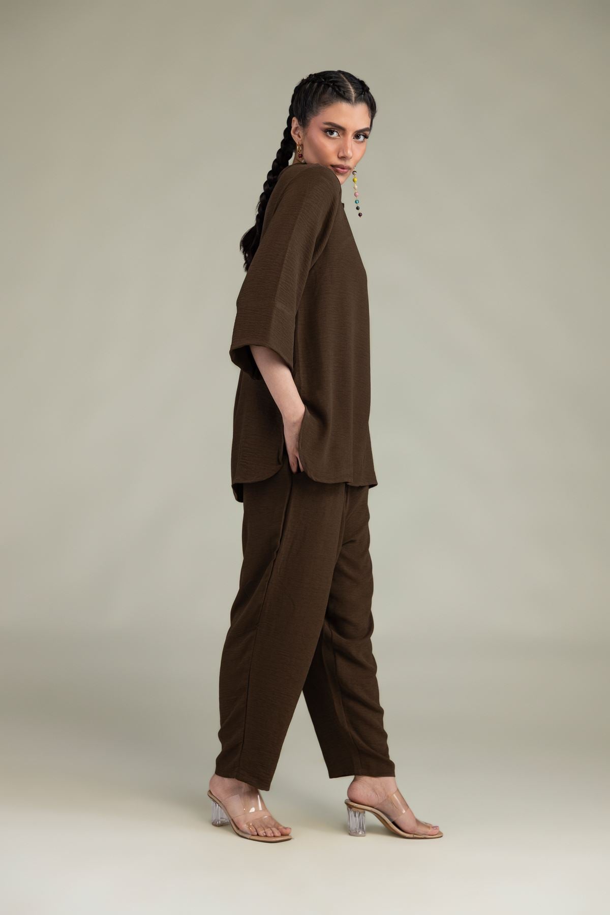 Dyed Crepe Georgette Brown Solid Trousers - 14-26-303-B-E1-VG