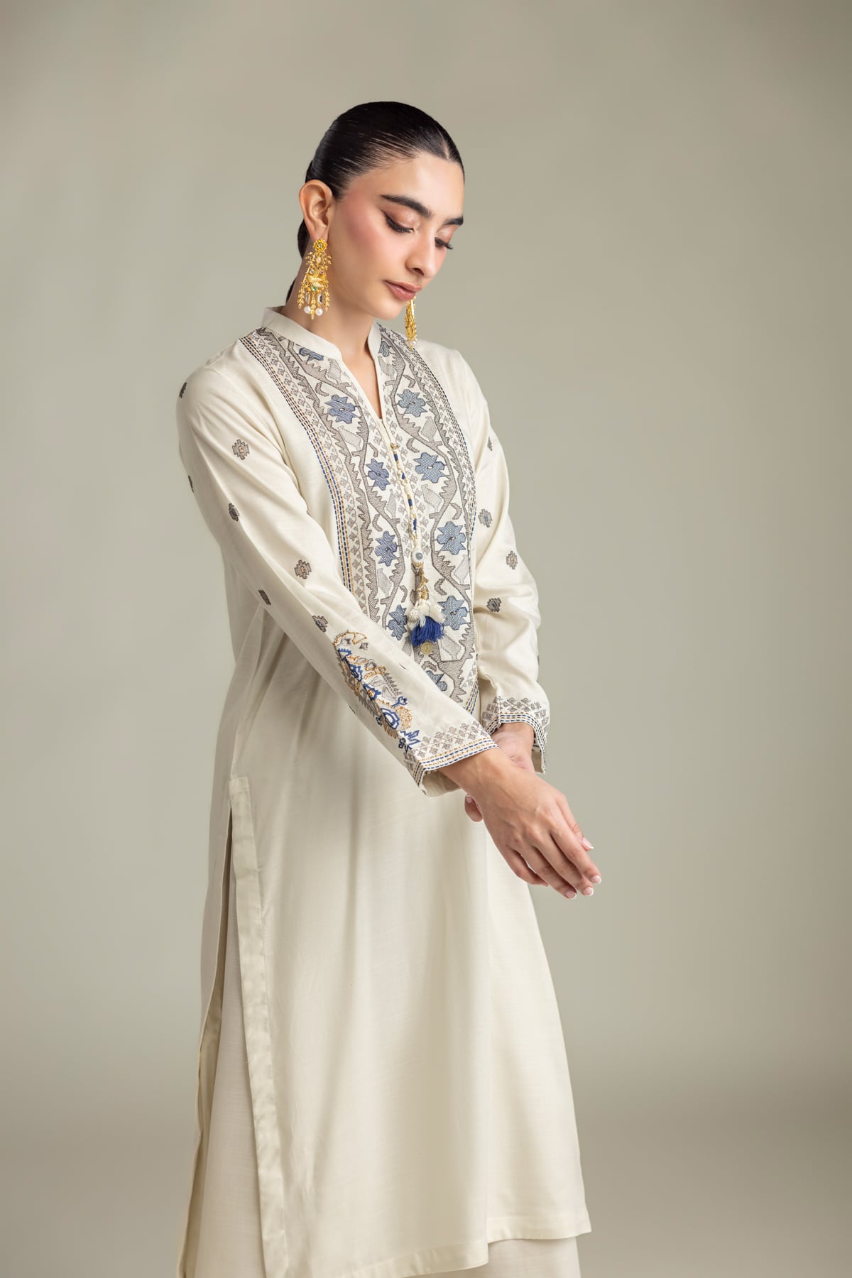 Embroidered Raw Silk Off-White Silk Kurta - 2-26-415-A-H1-VG