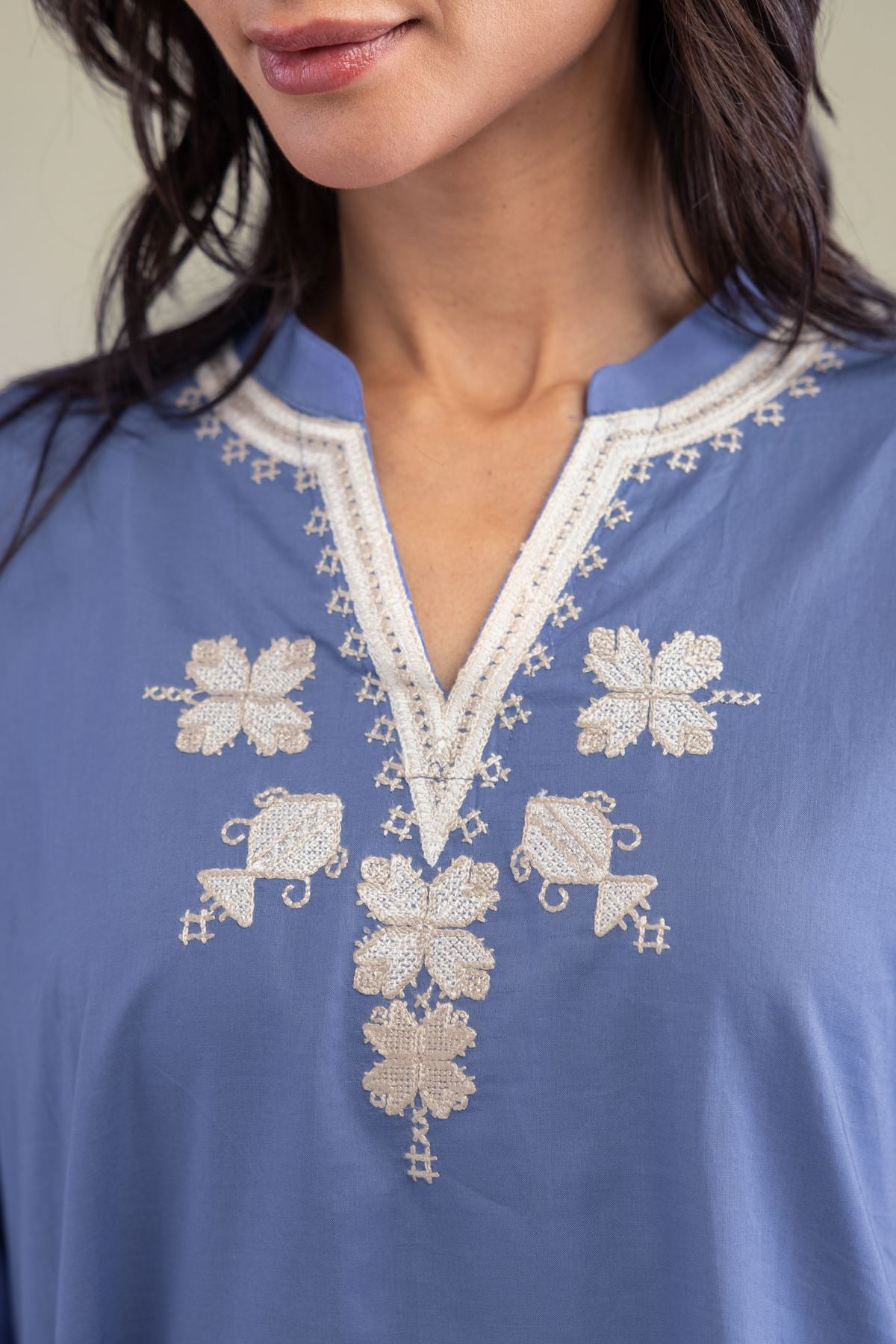 Embroidered Cambric Blue Threadwork Kurta - 2-26-207-A-C1-VG
