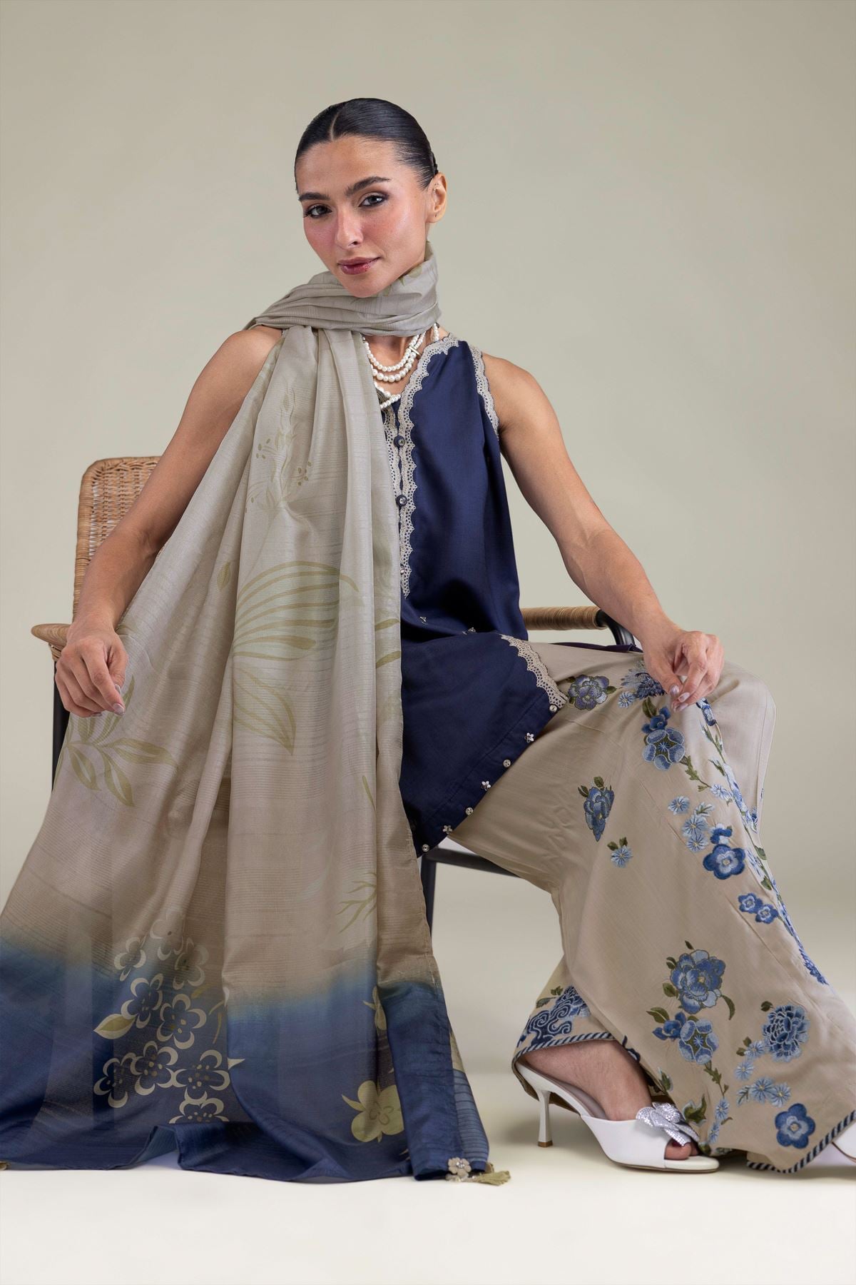 Embroidered Polyester Silk Floral Beige Dupatta - 2-26-202-A-C-VG