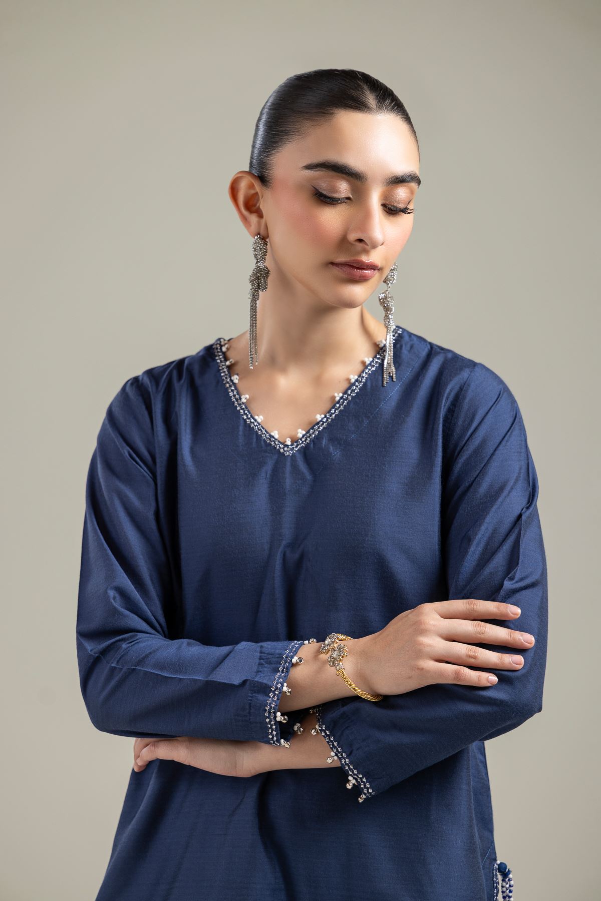 Raw Silk Navy V-Neck Kurta - 6-26-206-A-J2-VG