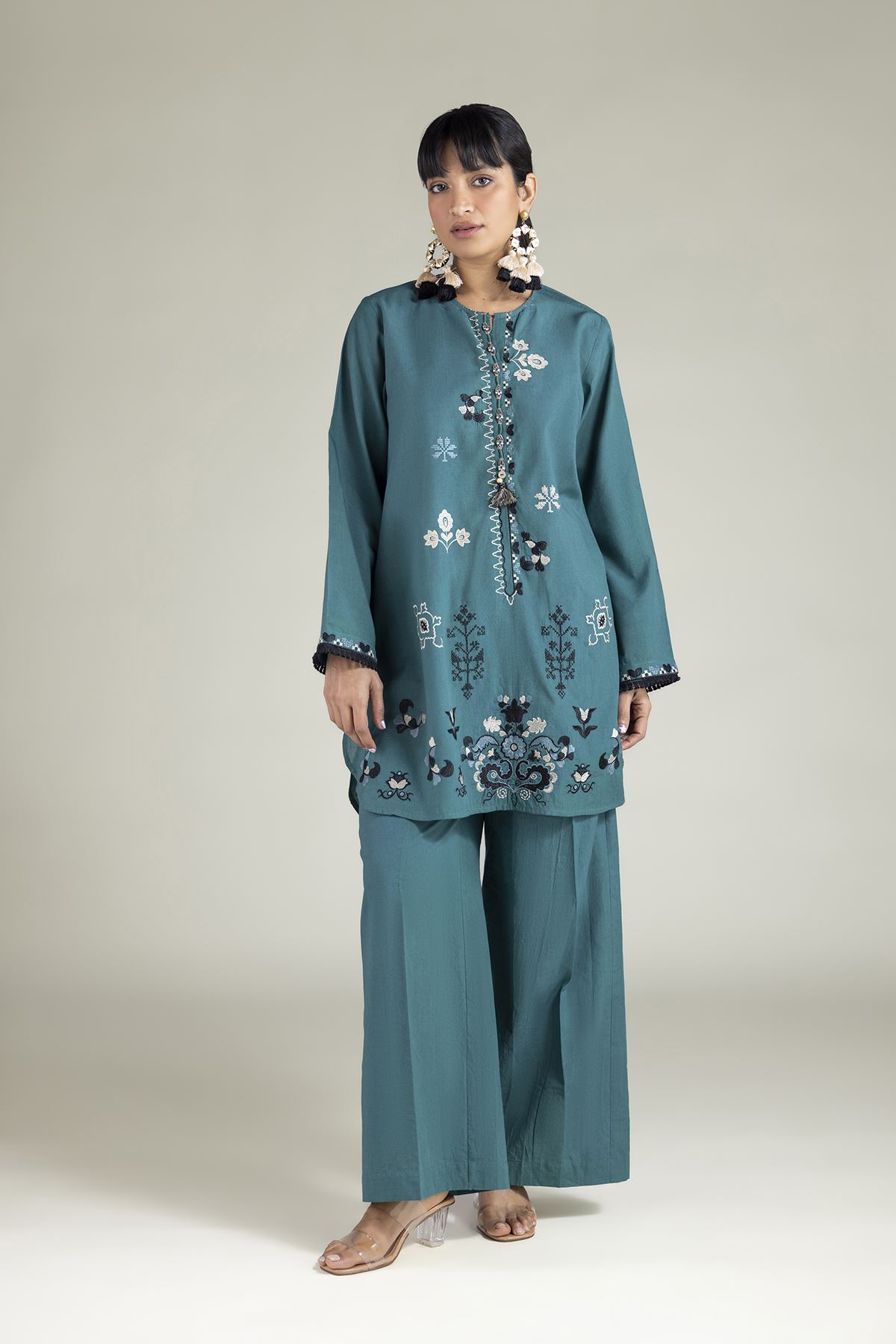 Embroidered Cambric Teal Tailored 2-Piece - T-A22-26-218FH1-VG