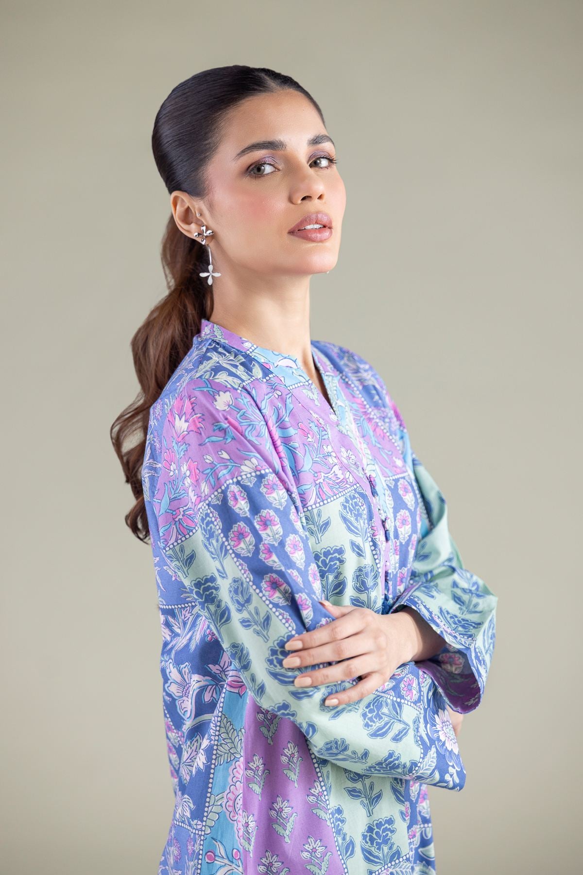 Printed Cambric Floral Longline Kurta - 1-26-127-A-G-VG