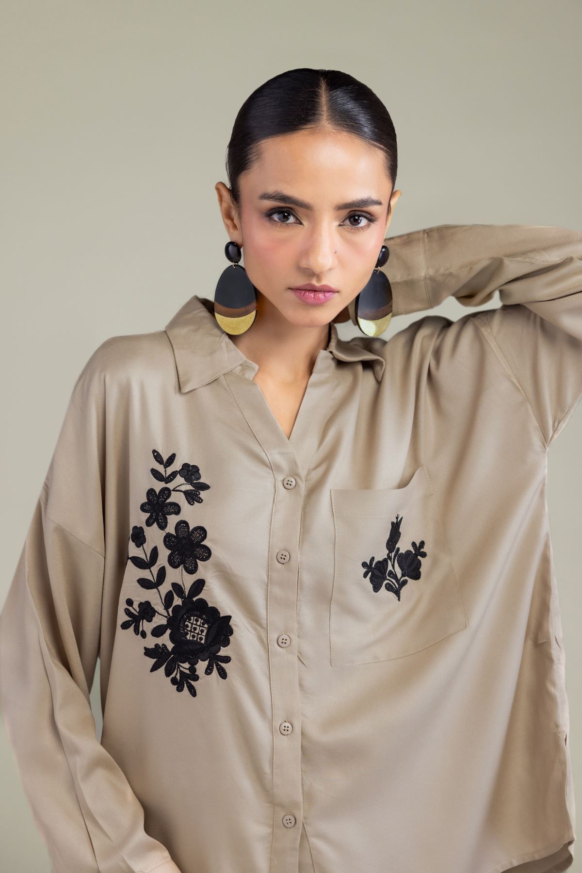 Embroidered Viscose Crepe Floral V-Neck Shirt - 6-26-202-A-D1-VG