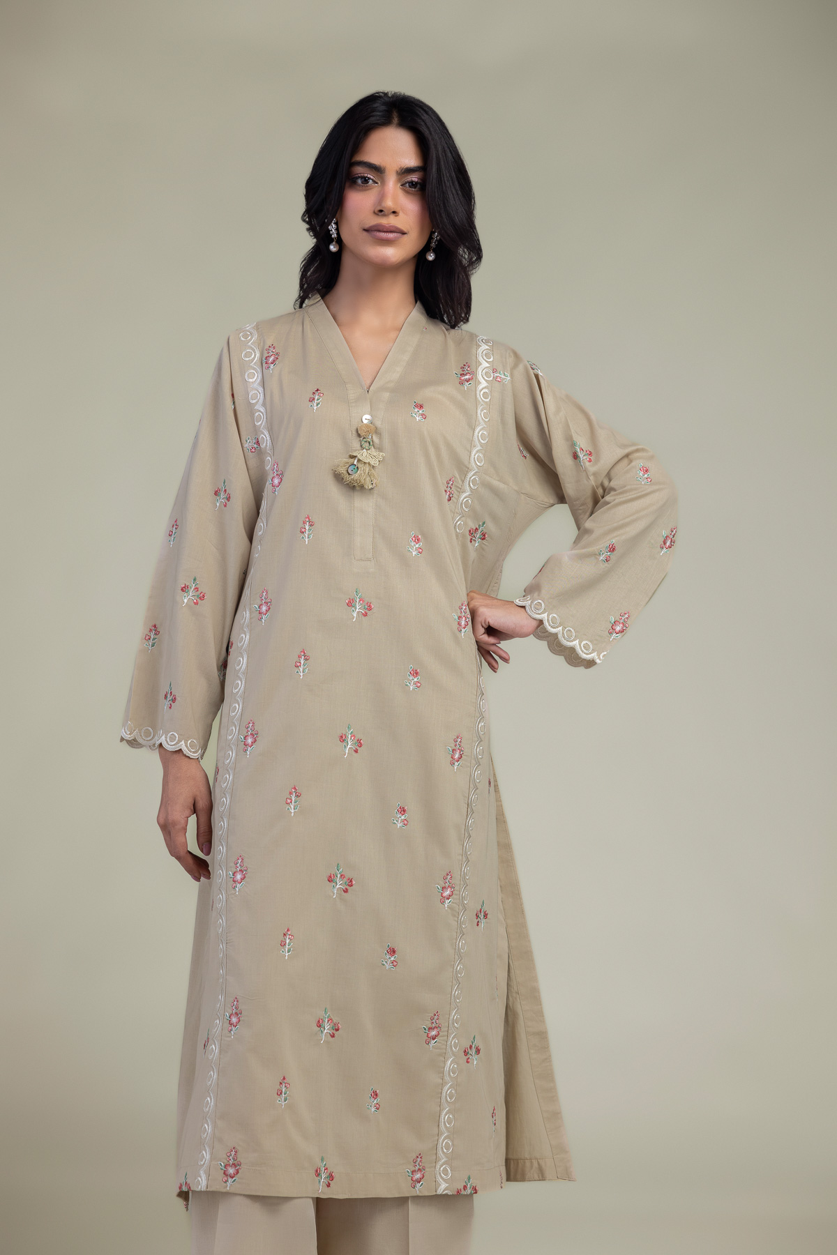 Embroidered Cambric Cambric Longline Kurta - 1-26-309-B-D1-VG