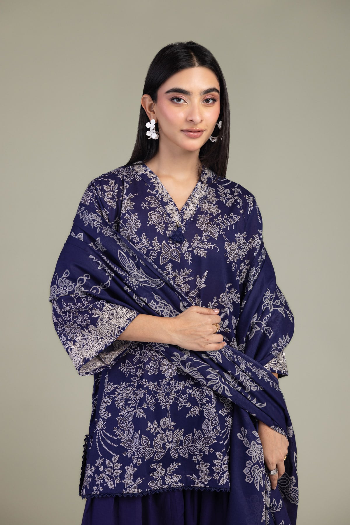 Embroidered Lawn Floral Navy Dupatta - 1-26-102-A-F-VG