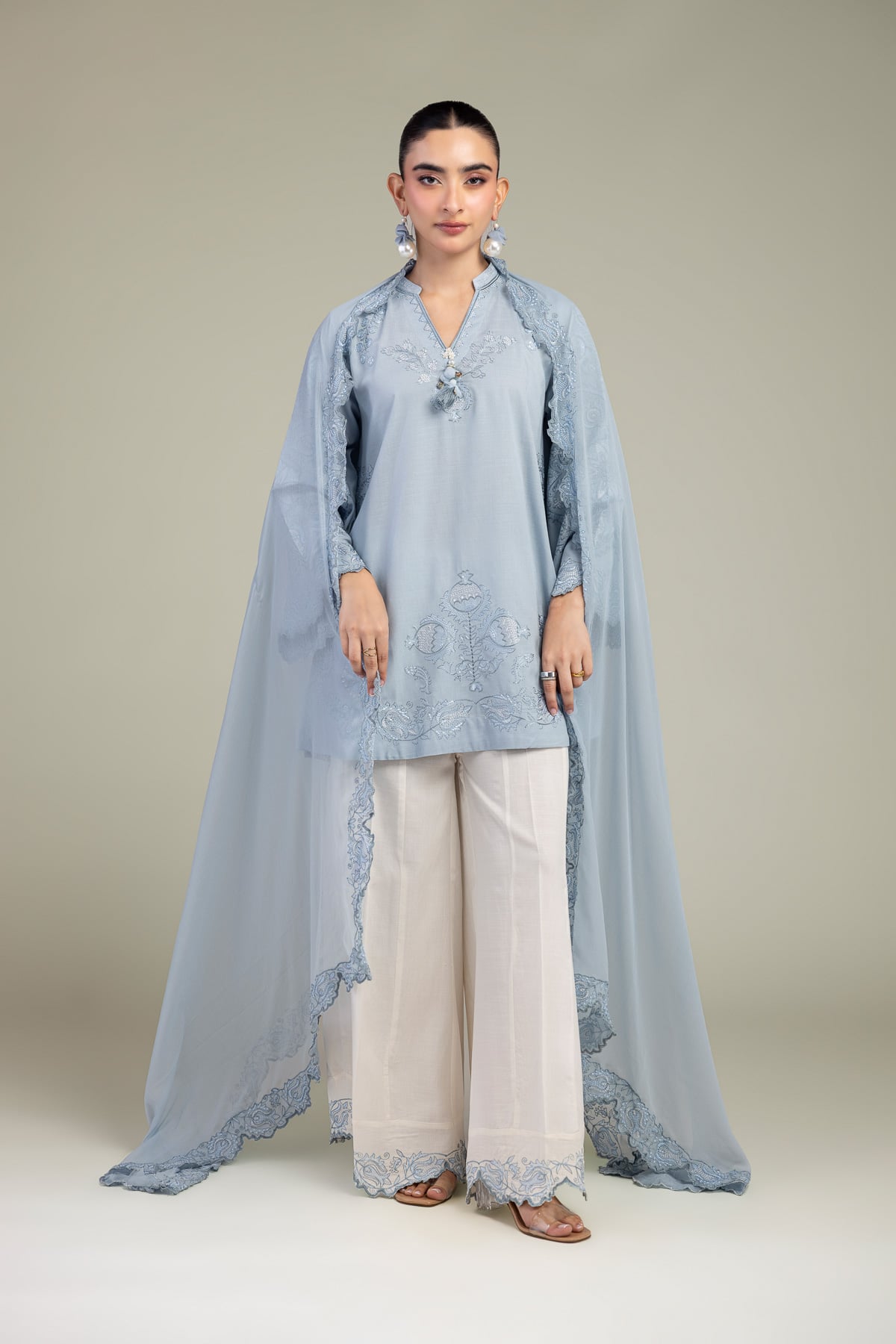 Embroidered Chiffon Blue Chiffon Dupatta - 1-26-309-B-D1-VG