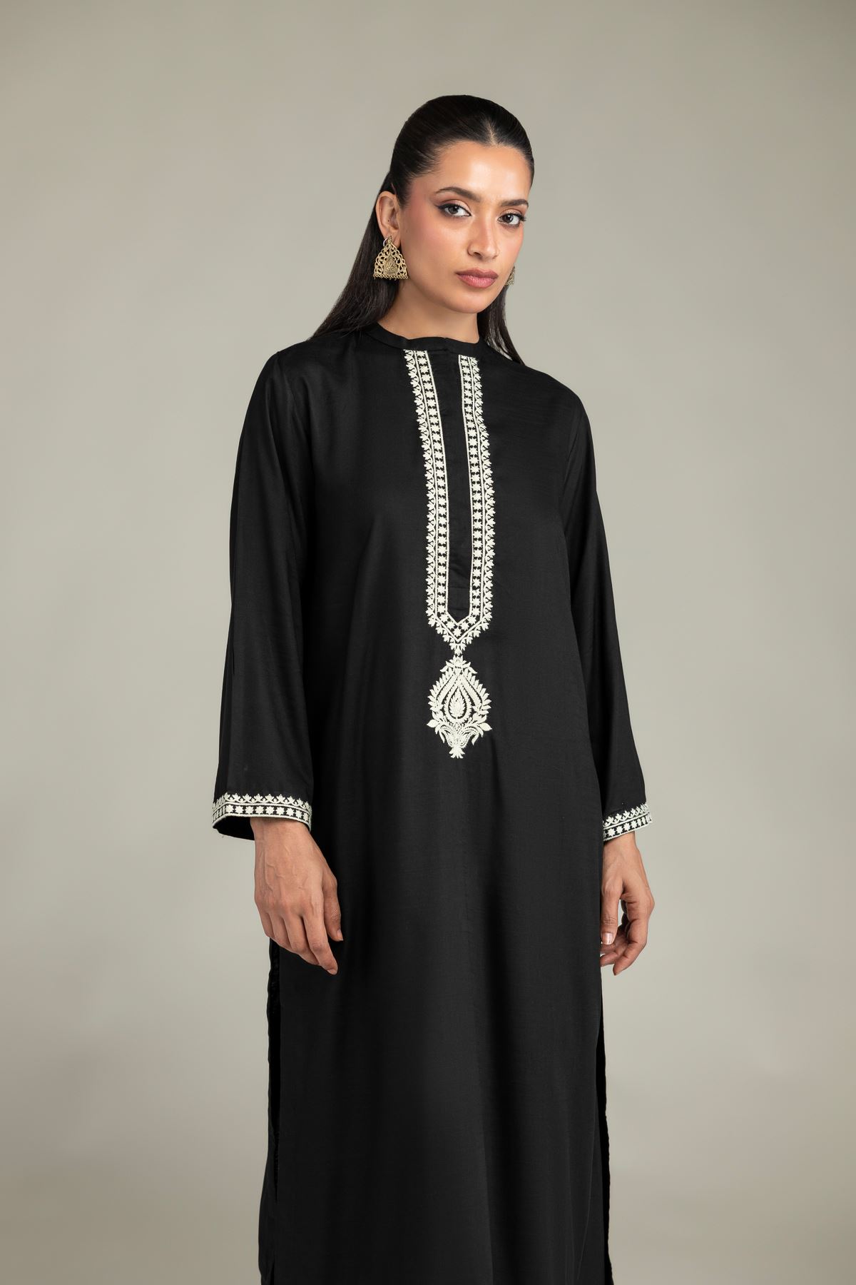 Dyed Raw Silk Black Longline Kurta - 8-26-303-A-C1-VG