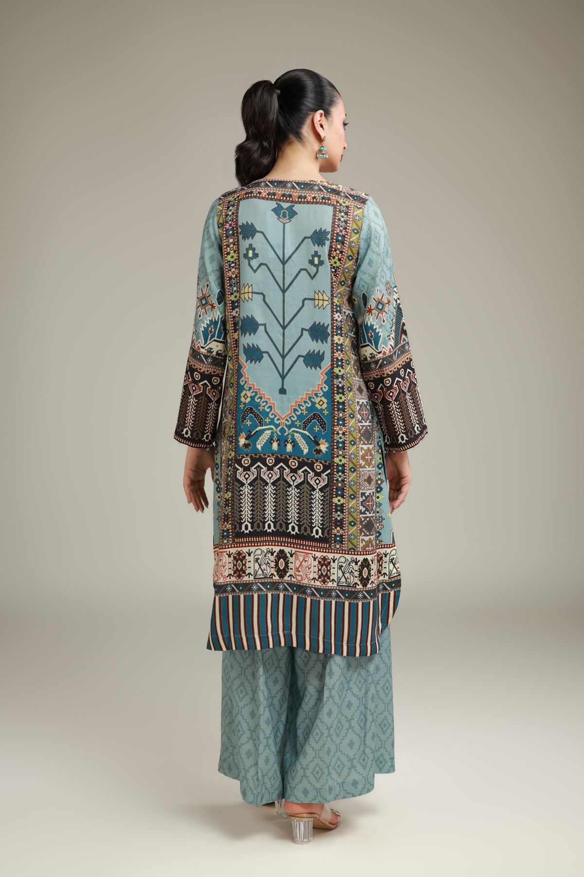 Embroidered Raw Silk Teal Longline Kurta - 1-26-101-A-D-VG