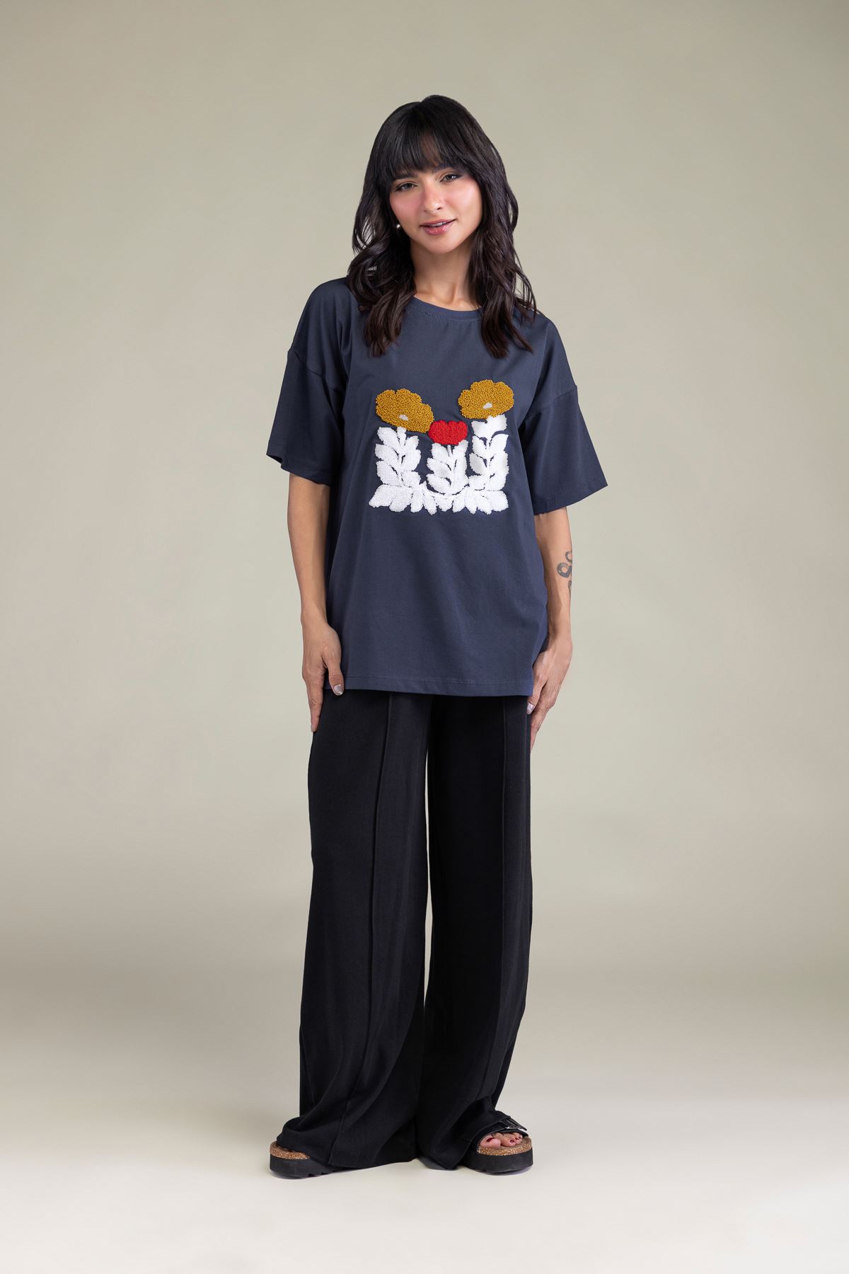 Embroidered Interlock Black Trousers - 3-26-204-A-J1-VG