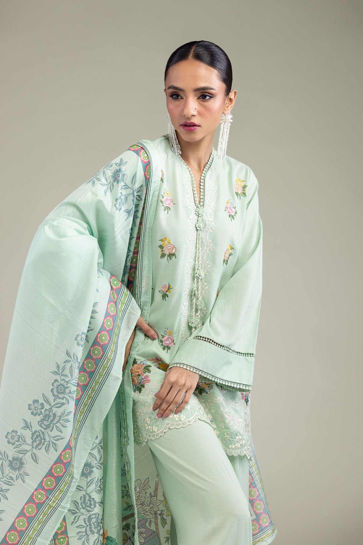 Embroidered Raw Silk Mint Silk Kurta - T-A11-26-114FF1-VG