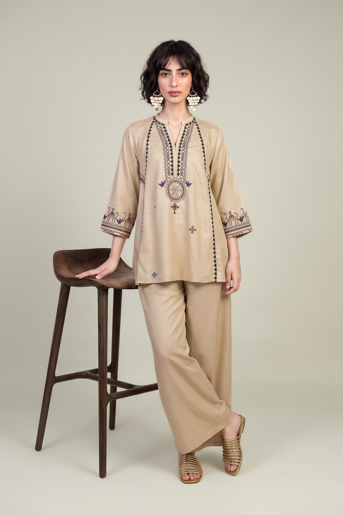 Embroidered Viscose Crepe Beige V-Neck Tunic - 1-26-309-B-D1-VG