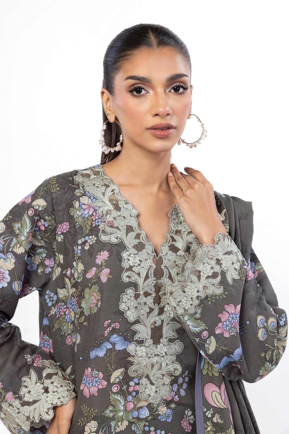 Embroidered Slub Cotton Fabrics 3 Piece - KW33B-VG
