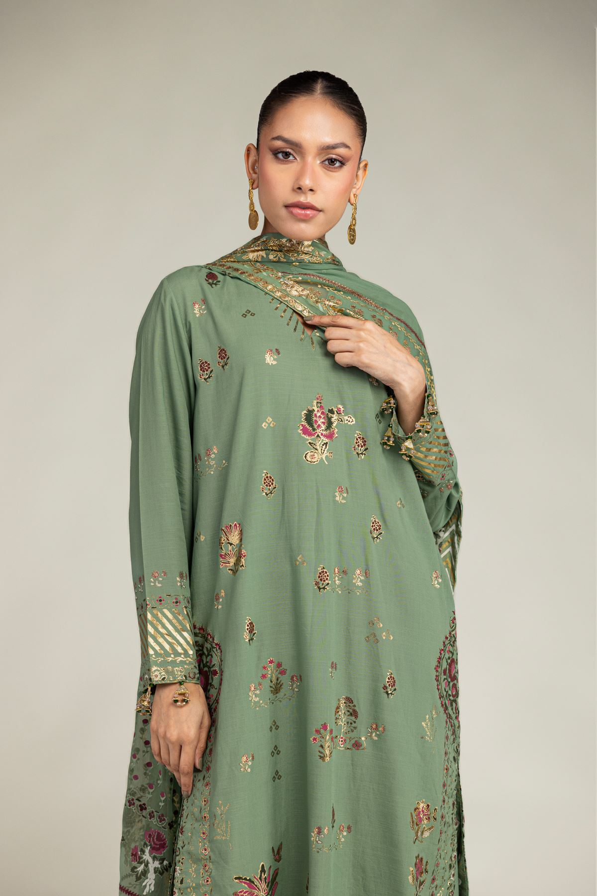 Embroidered Raw Silk 3-Piece Co-ords Set - 8-26-304-A-B1-VG