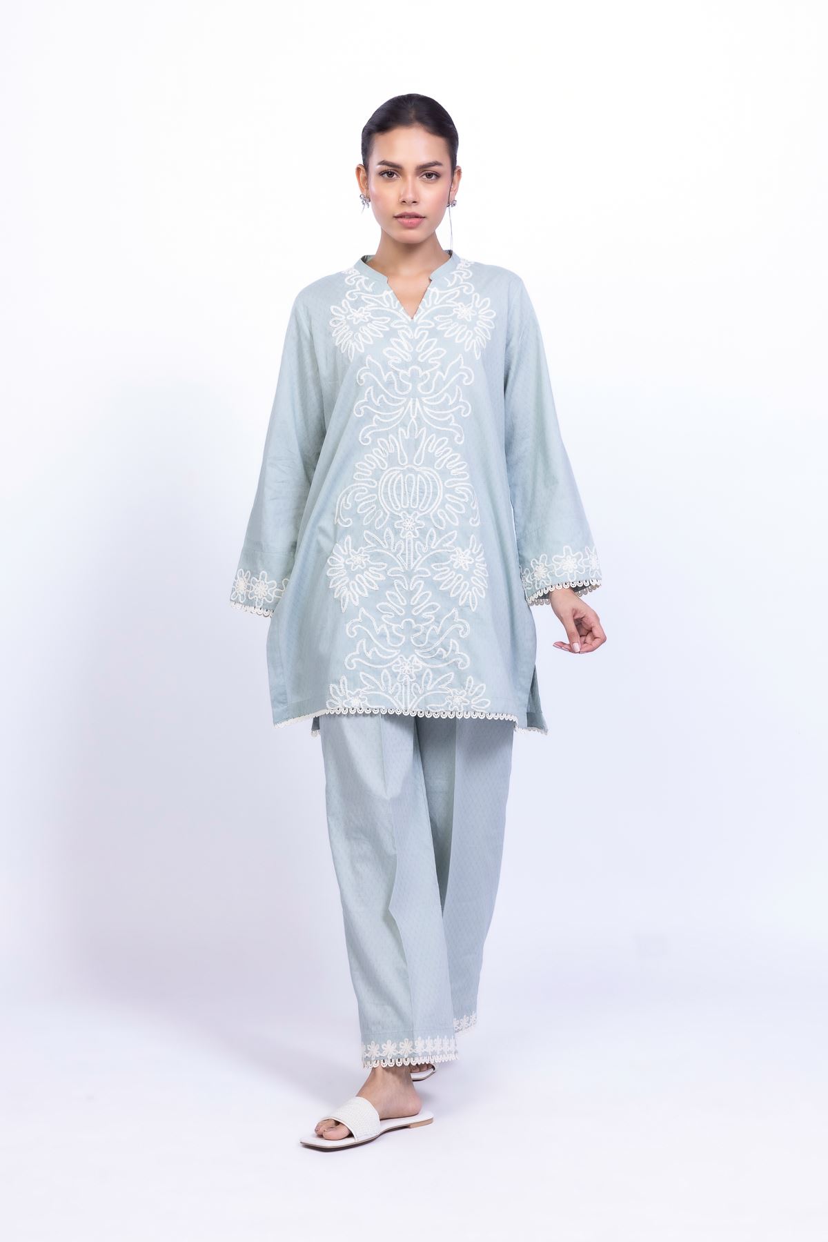 Embroidered Cotton Dobby Floral V-Neck Kurta - 1-26-101-A-C-VG