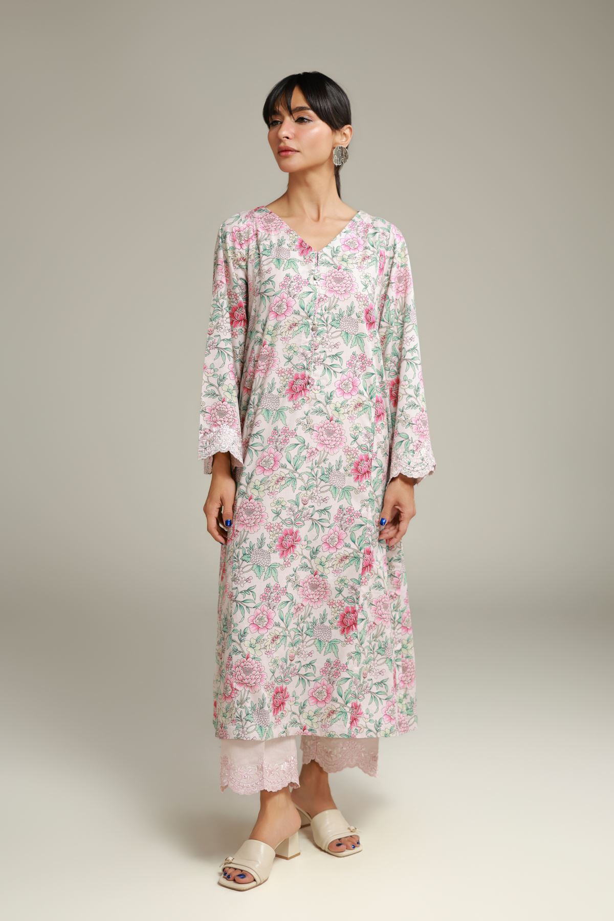 Embroidered Cotton Dobby Floral Longline Kurta - 26-02-1E13-02TA-VG