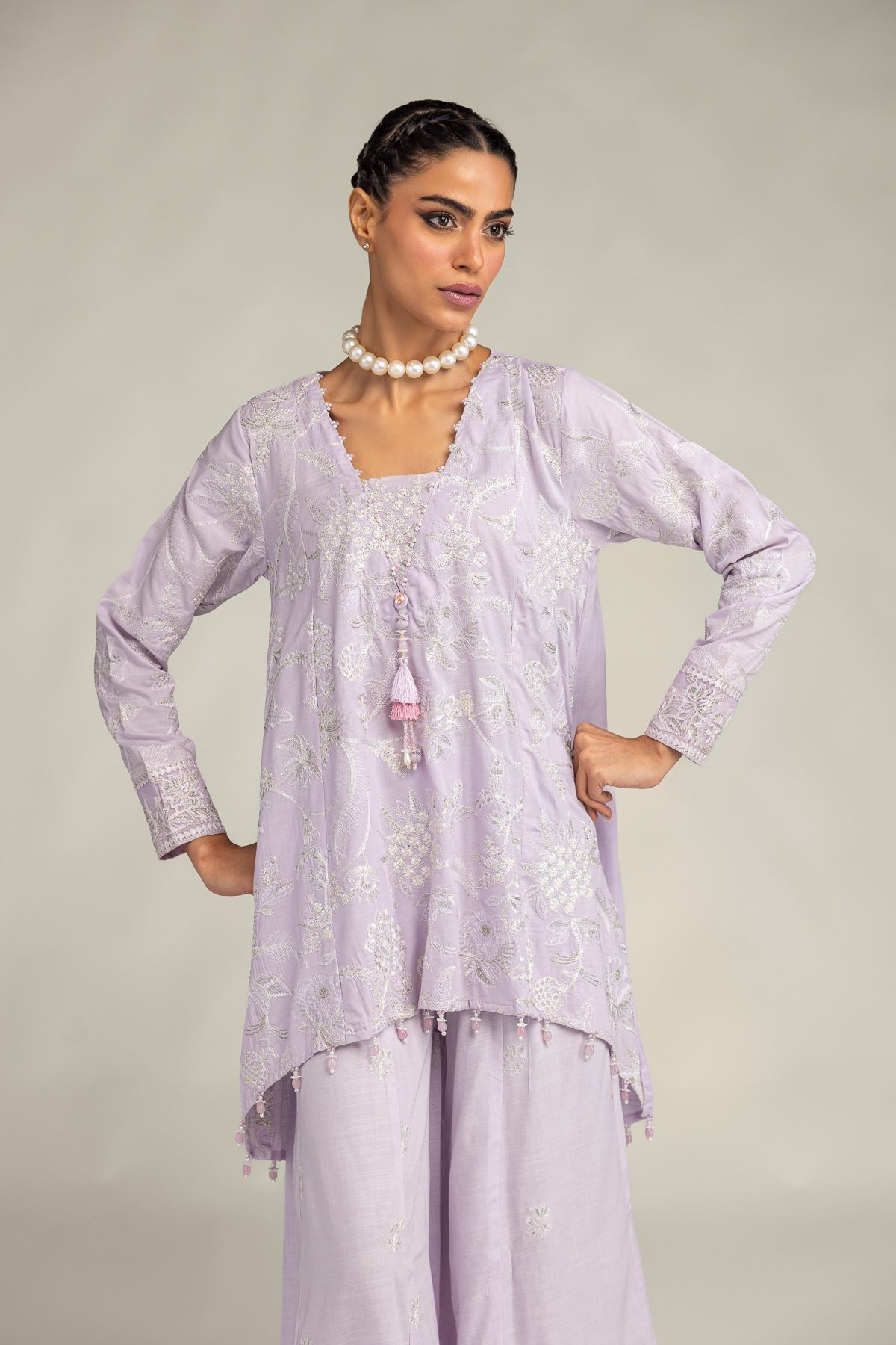 Embroidered Raw Silk Floral Lavender Kurta - 1-26-322-B-A1-VG