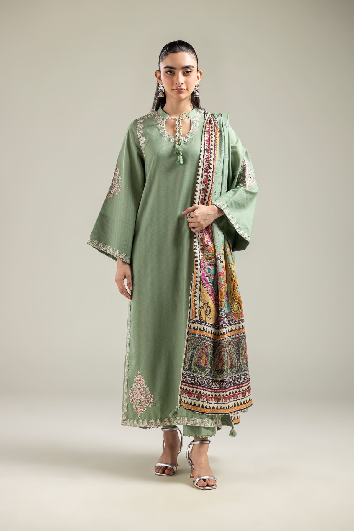 Embroidered Mesuri Solid Mesuri Pants - 1-26-142-A-E-VG