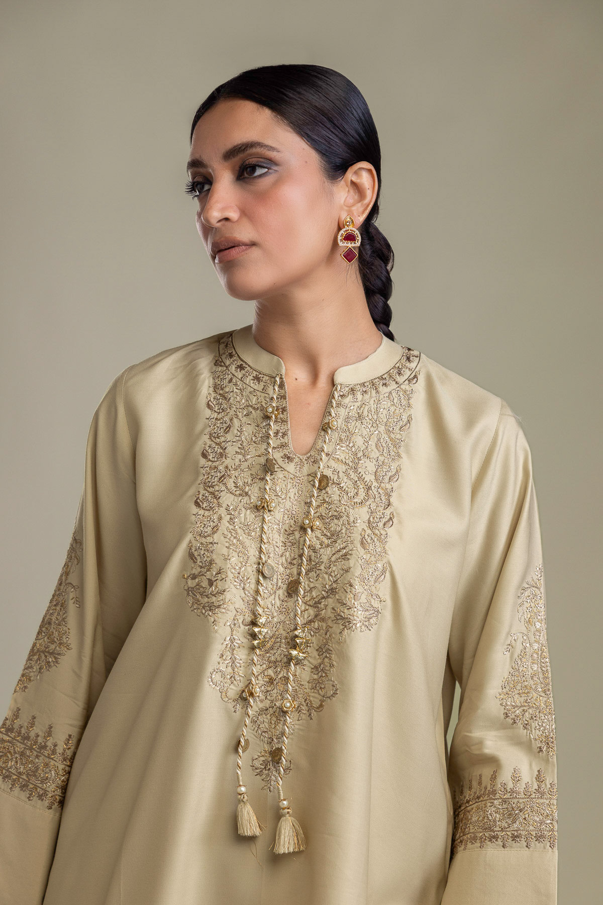 Embroidered Raw Silk Short Embroidered Kurta - 2-26-403-A-H1-VG