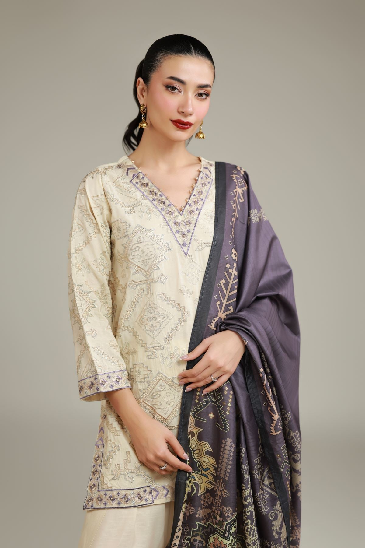 Embroidered Polyester Silk Gray Silk Dupatta - 2-26-112-A-D-VG