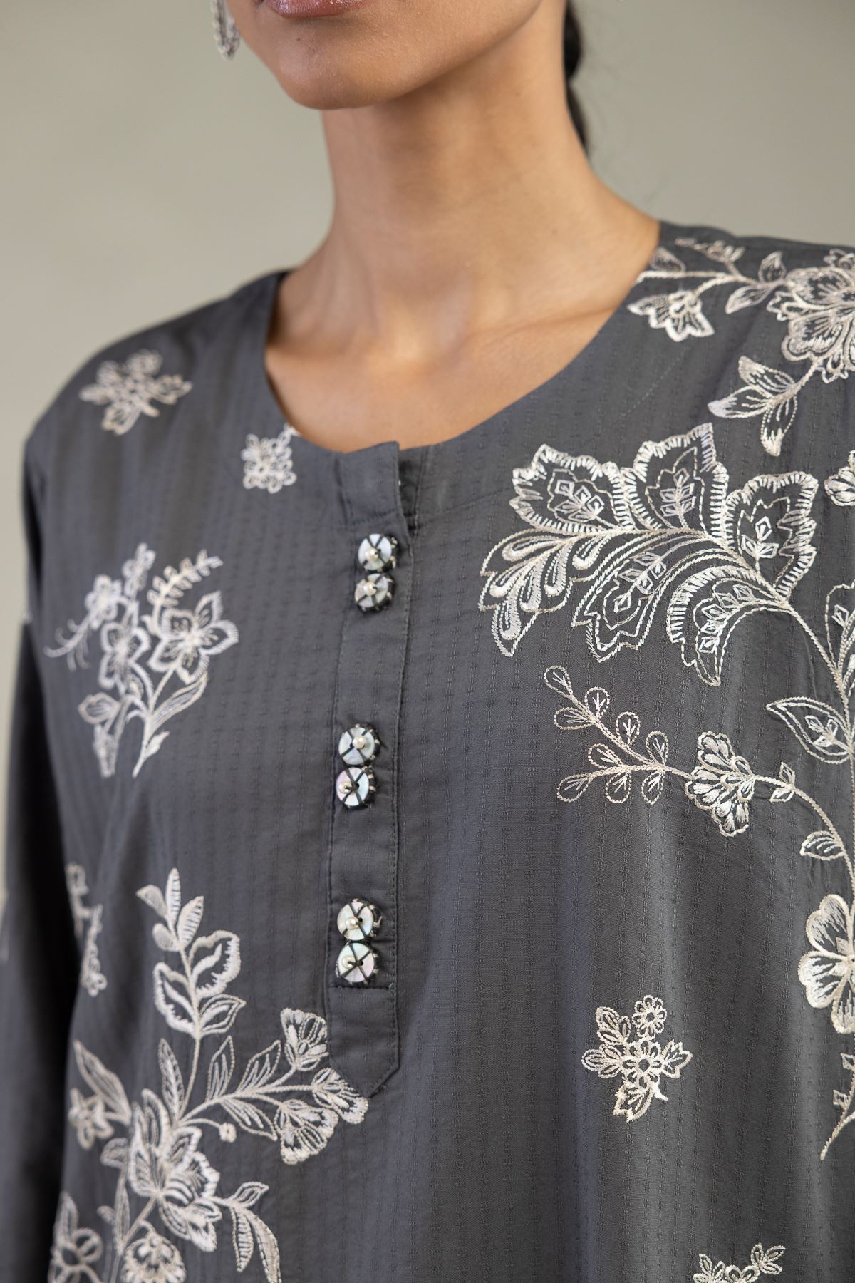 Embroidered Cotton Dobby Gray Longline Kurta - 1-26-226-A-I1-VG