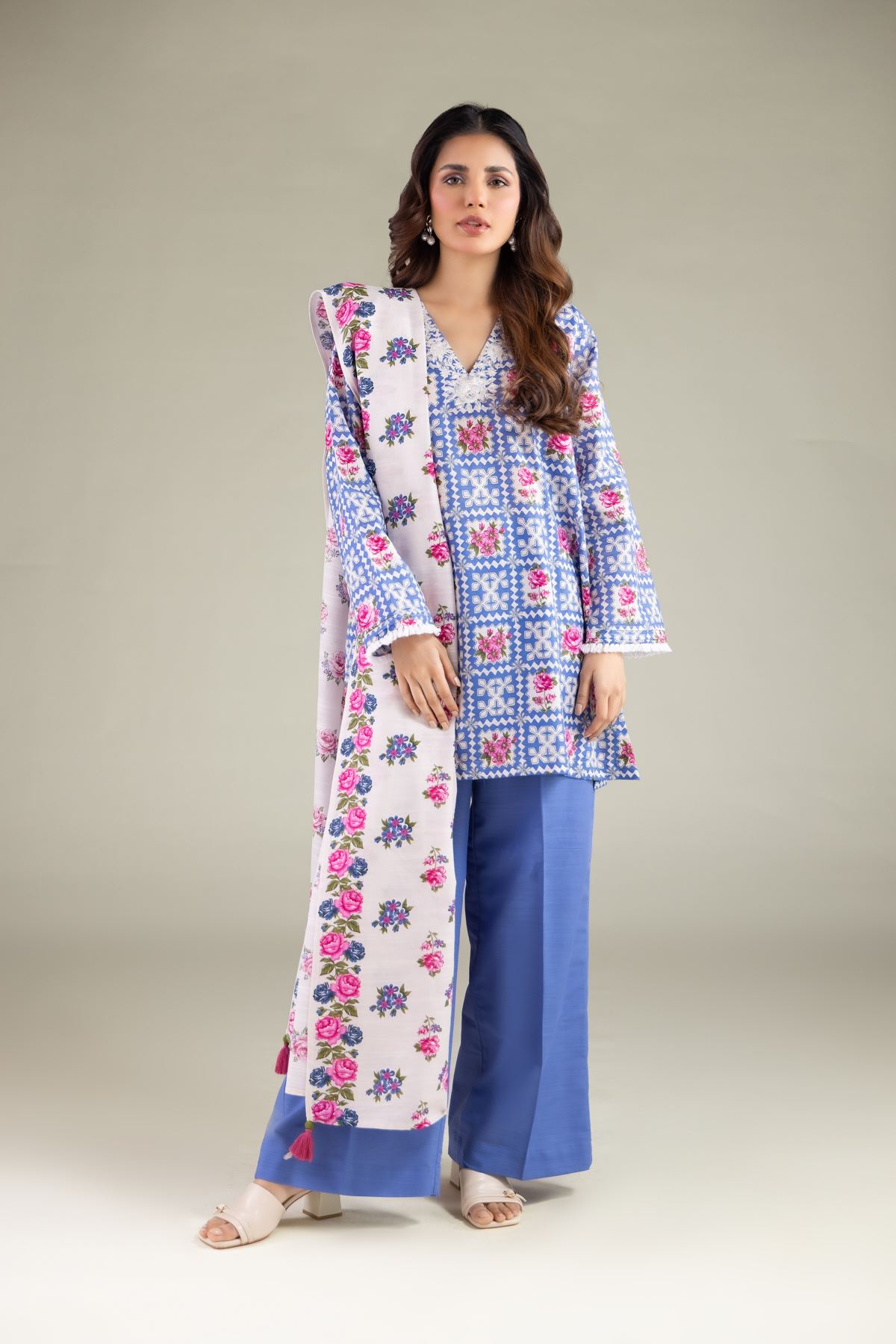 Embroidered Textured Cotton Summer Floral Dupatta - 1-26-115-C-D-VG